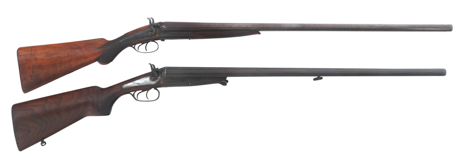 W. RICHARDS AND HUSQVARNA SXS 12 GA SHOTGUNS: W. RICHARDS AND HUSQVARNA SXS 12 GA SHOTGUNS W. Richards and Husqvarna side by side 12 gauge shotguns. A) W. Richards side lever. W. Richards London Laminated Steel stamped on top rib. Bead sight. Che