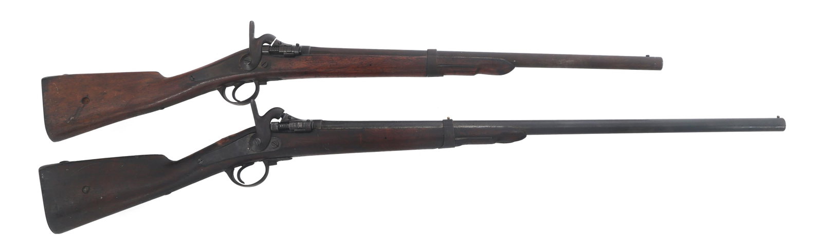 BELGIAN FRENCH ZULU MODEL 1857/67 SHOTGUNS: BELGIAN FRENCH ZULU MODEL 1857/67 SHOTGUNS Belgian Snider French Zulu Model 1857/67 shotguns. A) Belgian Snider French Zulu Model 1857/67 10 gauge shotgun. Inside breech stamped A 153. Belgian proof m