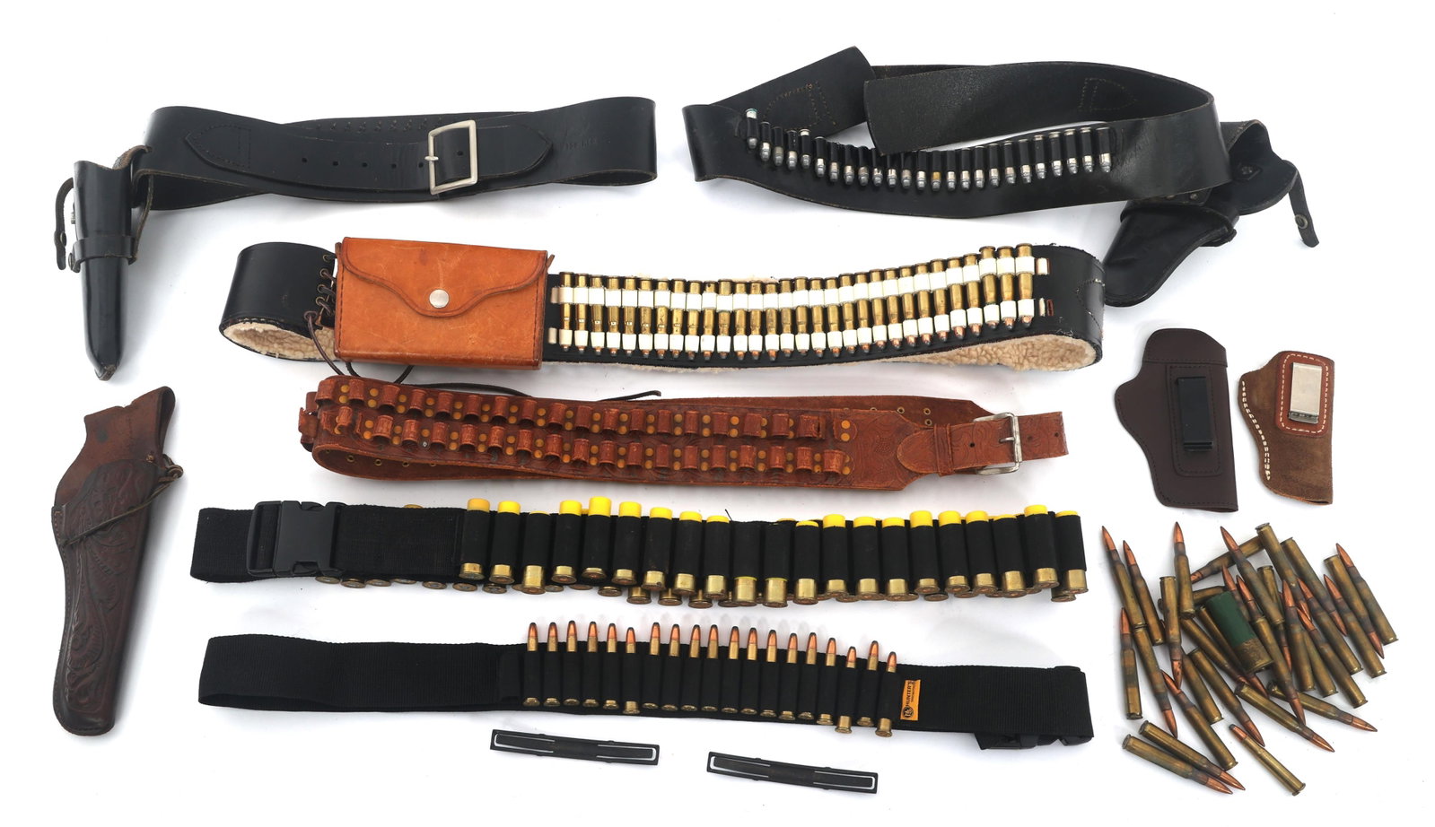 LEATHER HOLSTERS, BELTS, AND AMMUNITION: LEATHER HOLSTERS, BELTS, AND AMMUNITION Leather ammunition belts and holsters. Includes 80 rounds of .30-30, 50 rounds of .38 Special, 30 rounds of .30-06, 47 20 gauge shells, and 1 12 gauge shell.
