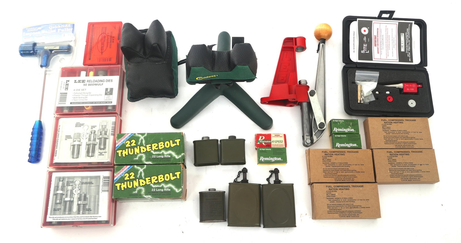 AMMUNITION RELOADING ACCESSORIES & .22 CAL AMMO: AMMUNITION RELOADING ACCESSORIES & .22 CAL AMMO Reloading accessories and .22 caliber ammunition. Reloading Dies include 7.7 Japanese, .32 Auto,.50 Beowulf and 6.5 Japanese. 1 Bench mount Lee press. 5