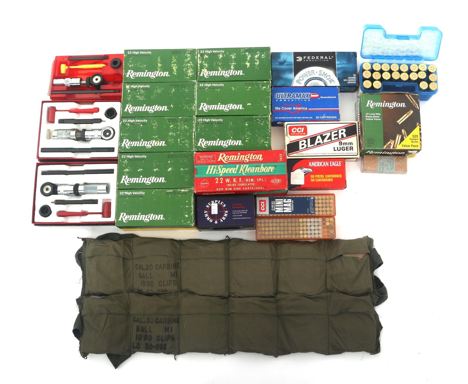 RIFLE & HANDGUN AMMUNITION - 55 POUNDS TGW: RIFLE & HANDGUN AMMUNITION - 55 POUNDS TGW Rifle and handgun ammunition and reloading tools. 55 pounds total gross weight of ammunition. Includes: .30 carbine bandoleers, .25 Auto, .22 Long Rifle, .50