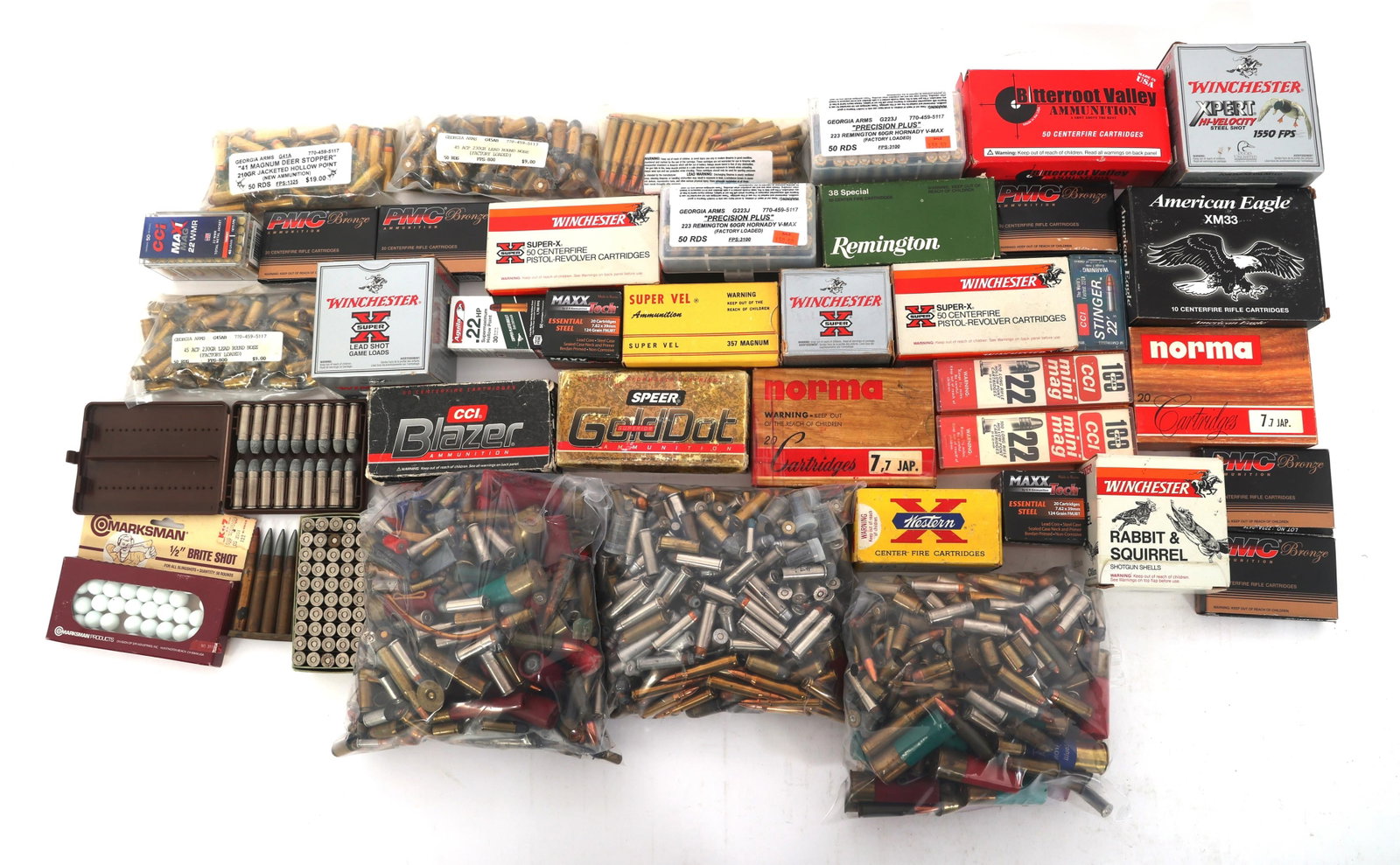 RIFLE, SHOTGUN, & HANDGUN AMMUNITION - 70 LBS TGW: RIFLE, SHOTGUN, & HANDGUN AMMUNITION - 70 LBS TGW 70 pounds total gross weight of rifle, shotgun, and handgun ammunition. Calibers include 223 Remington, 41 Remington Magnum, 12 Gauge, 22 long rifle, 