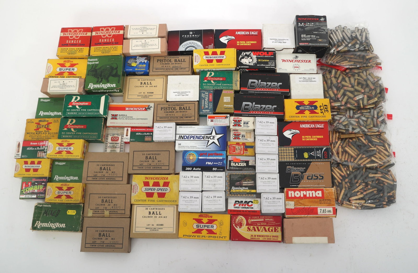 SHOTGUN, RIFLE, & HANDGUN AMMUNITION 95 POUNDS TGW: SHOTGUN, RIFLE, & HANDGUN AMMUNITION 95 POUNDS TGW Mixed caliber ammunition. Calibers include: 7.62x39, .45 ACP, .380 ACP, .32 ACP, .25 ACP, .22 Long Rifle, .22 Magnum, .30-06, 12 gauge, 16 gauge, 20 