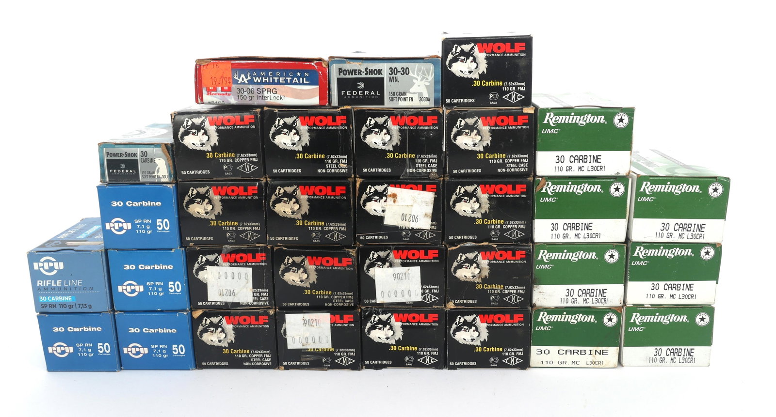 RIFLE AMMUNITION 30-30, 30 CARBINE & 30-06 CALIBER: RIFLE AMMUNITION 30-30, 30 CARBINE & 30-06 CALIBER 40 pounds total gross weight .30-06, 30 carbine and .30-30 caliber ammunition. Weight includes packaging. Boxes may be opened or partial. Caliber / G