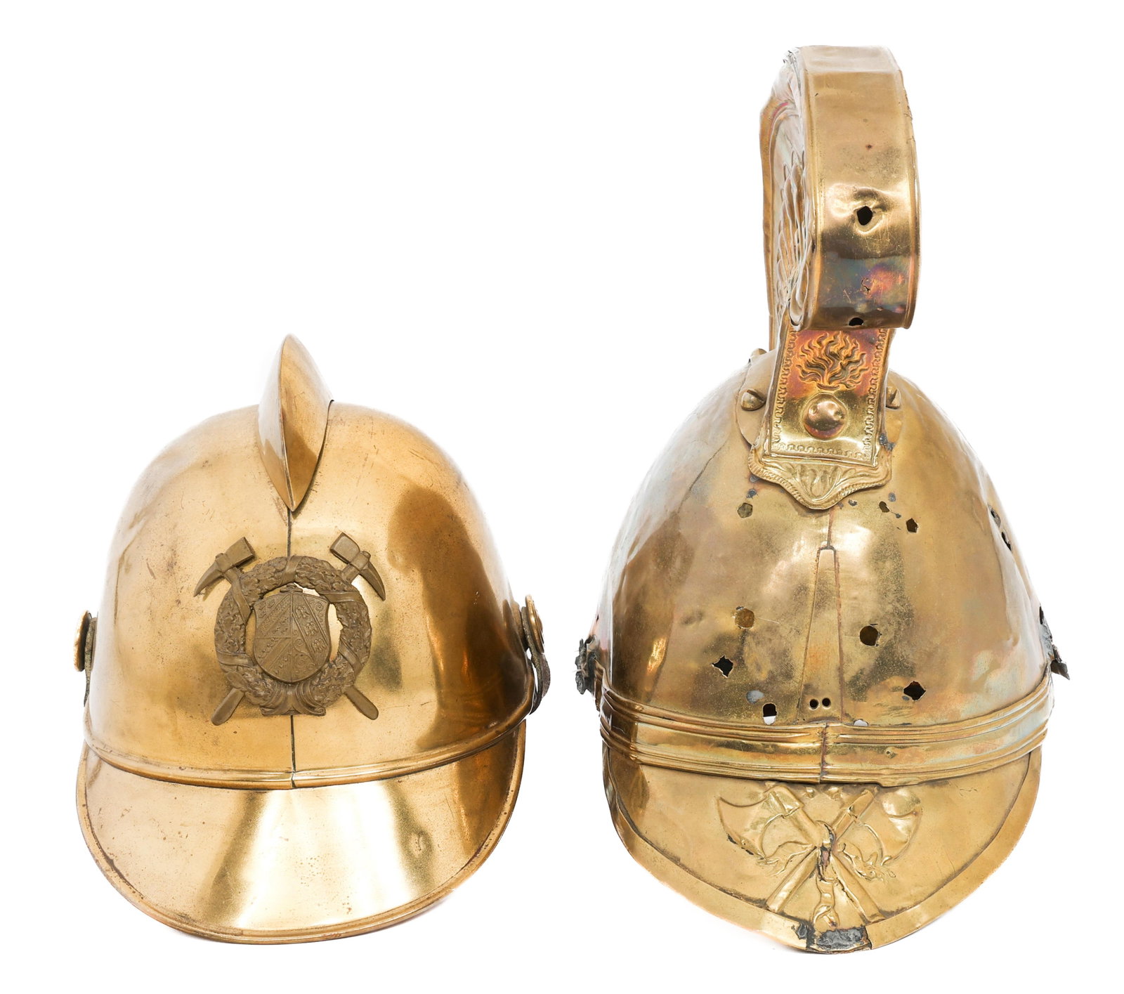 19th C. FRENCH & IMPERIAL GERMAN FIREMAN HELMETS: 19th C. FRENCH & IMPERIAL GERMAN FIREMAN HELMETS 19th C. French & Imperial German Fireman Helmets. (1) French Helmet. Brass construction with comb. No Liner or chinstrap. (1) Imperial German Saarland 