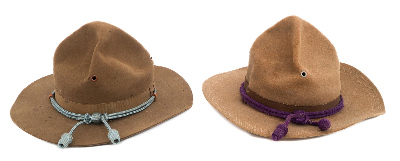 WWI US ARMY INFANTRY / MOTOR CORPS CAMPAIGN HATS: WWI US ARMY INFANTRY / MOTOR CORPS CAMPAIGN HATS WWI US Army Campaign Hats. (1) JB Stetson Infantry Campaign Hat. Two row stitched brim with Infantry cord. Chinstrap present. Leather liner maker marke