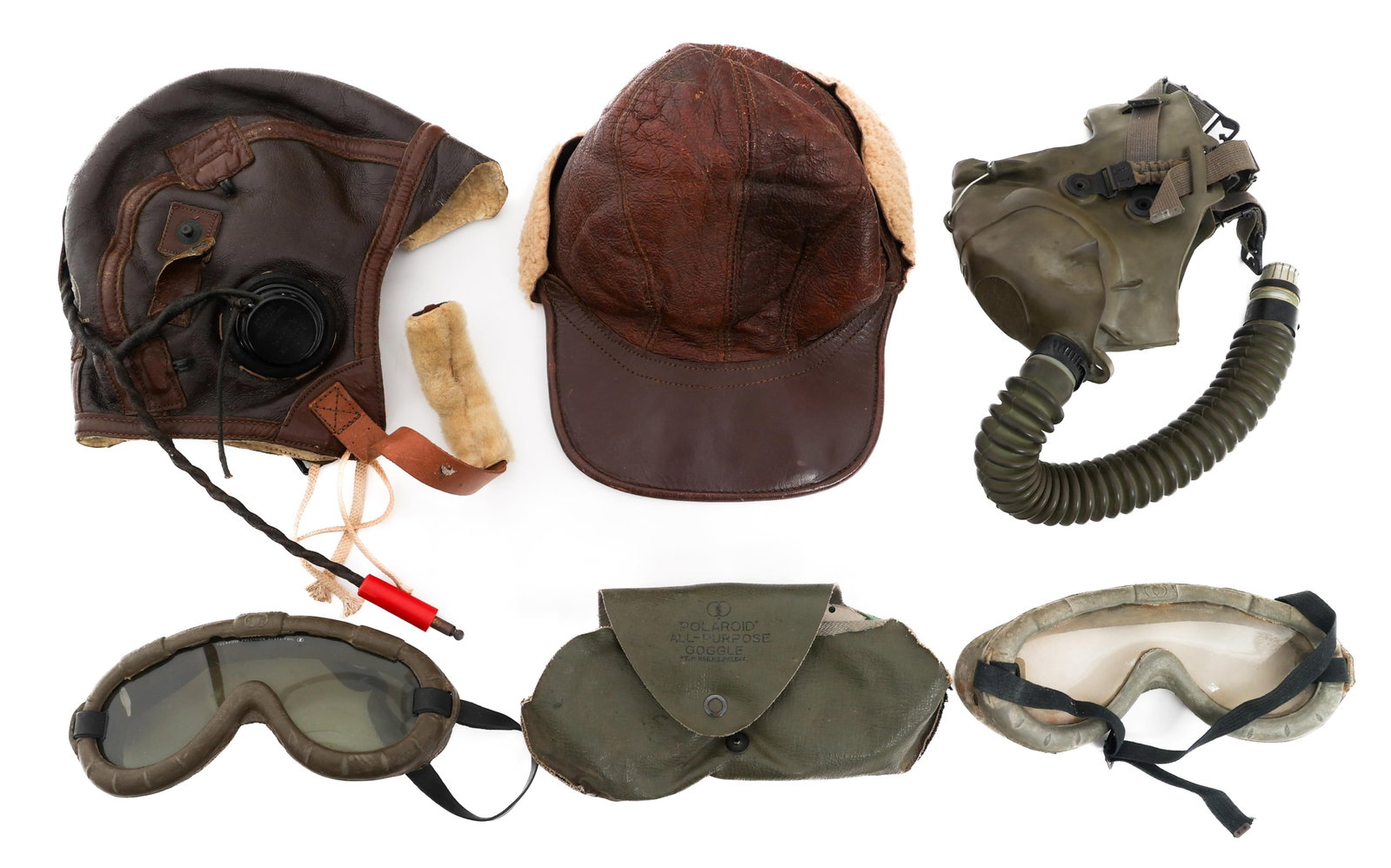 WWII USAAF B-2 HAT, B-6 HELMET, A-9 MASK & GOGGLES: WWII USAAF B-2 HAT, B-6 HELMET, A-9 MASK & GOGGLES WWII USAAF B-2 Hat, B-6 Flight Helmet, A-9 Short Mask and All Purpose Goggles. (1) Type B-2 Winter Flying Hat. Leather construction with wool liner. 