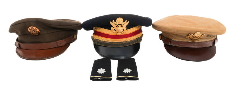 WWII - COLD WAR US ARMY VISOR CAPS: WWII - COLD WAR US ARMY VISOR CAPS WWII - Cold War US Army Officer and Enlisted Visor Caps. (1) WWII Khaki Officer. (1) WWII OD Enlisted. (1) Cold War Medical Officer.