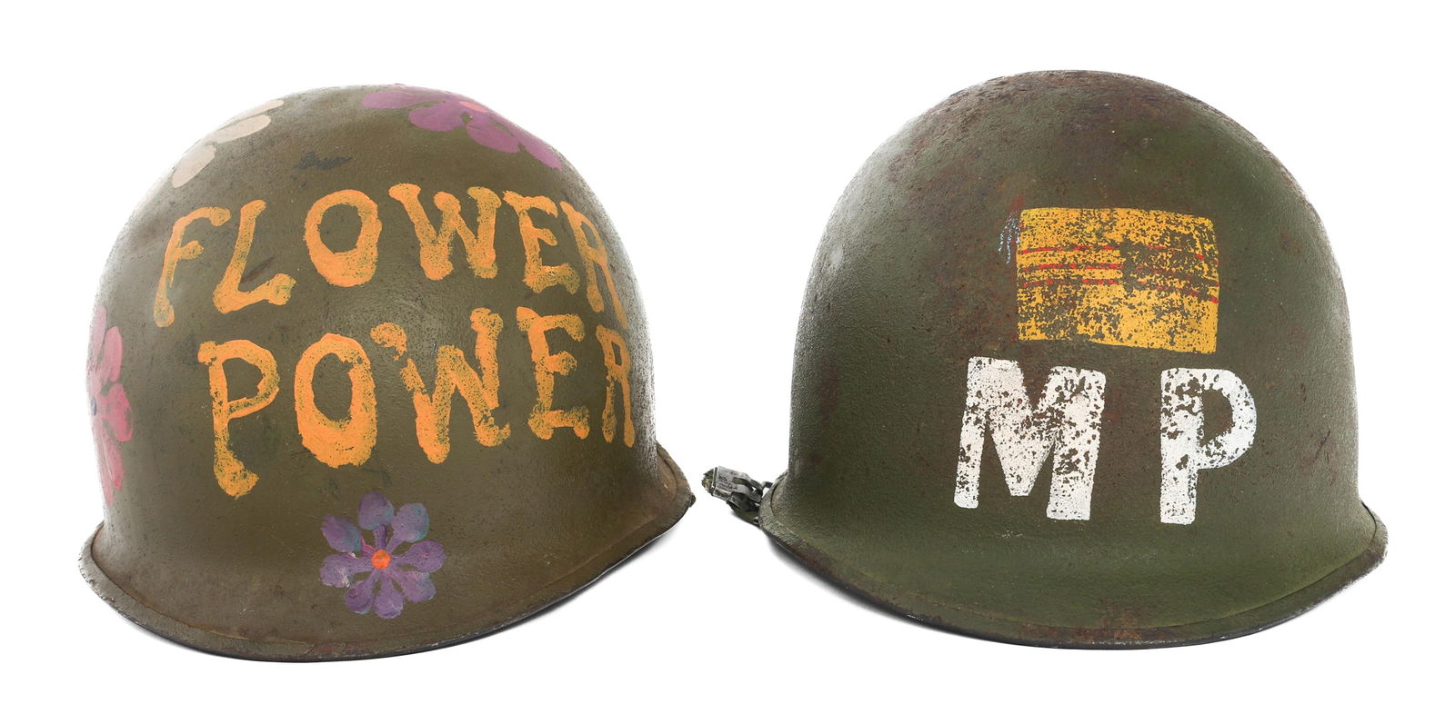 POST VIETNAM WAR SAIGON MARKET M1 HELMETS: POST VIETNAM WAR SAIGON MARKET M1 HELMETS Post Vietnam War Vet Bring Back Saigon Market M1 Helmets. (1) Military Police M1. Shell and liner with MP insignia present. Chinstrap present. (1) Decorated M