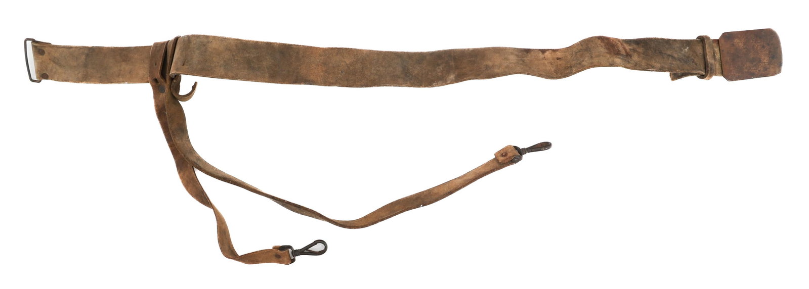 CIVIL WAR CONFEDERATE CAVALRY SABER BELT: CIVIL WAR CONFEDERATE CAVALRY SABER BELT Civil War Confederate Cavalry Saber Belt. Leather construction with 2 straps and steel fittings. Brass buckle. No visible markings.
