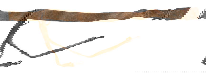 CIVIL WAR CONFEDERATE CAVALRY SABER BELT: CIVIL WAR CONFEDERATE CAVALRY SABER BELT Civil War Confederate Cavalry Saber Belt. Leather construction with 2 straps and steel fittings. Brass buckle. No visible markings.