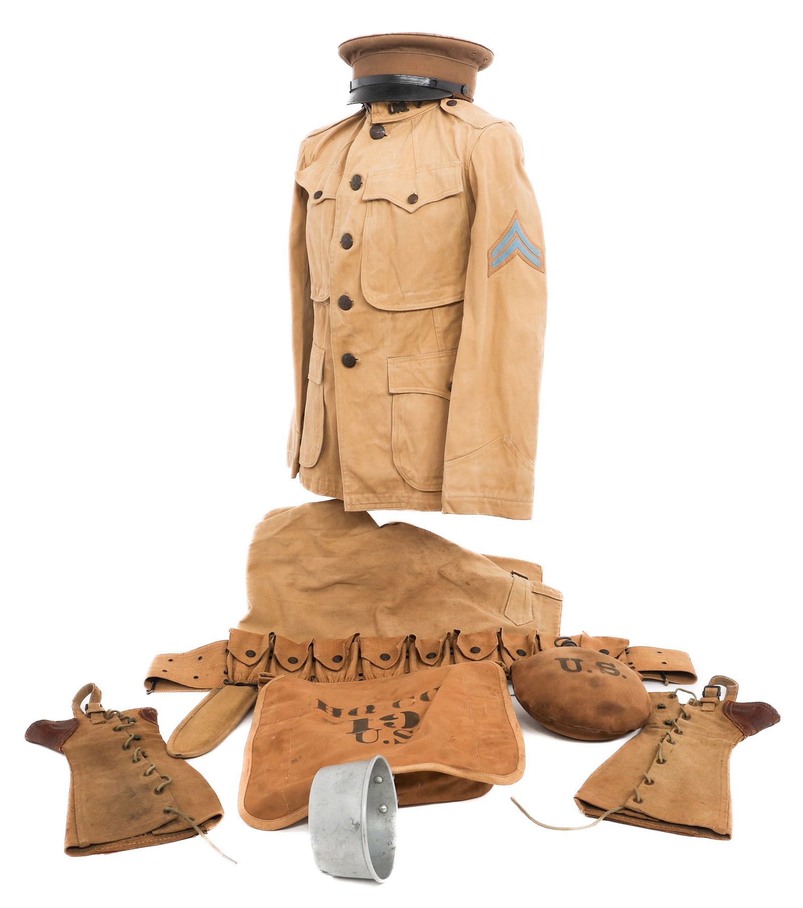 PRE-WWI US ARMY 1906 PATTERN TUNIC & FIELD GEAR: PRE-WWI US ARMY 1906 PATTERN TUNIC & FIELD GEAR Pre-WWI US Army 1906 Pattern Khaki Tunic, Uniform Items, & Field Gear. (1) 1906 pattern Khaki Cotton Tunic. 1903 pattern light blue Infantry Corporal ch