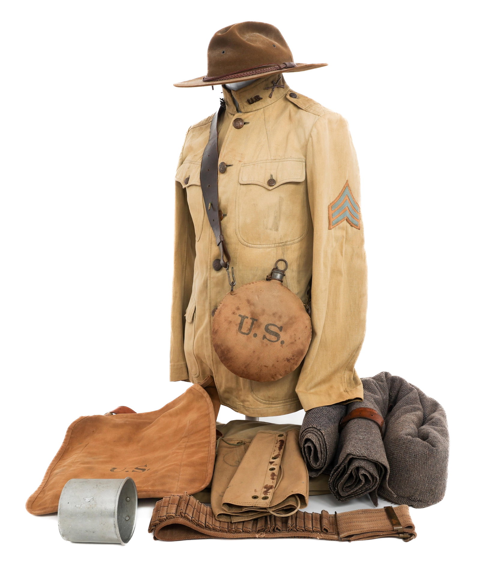 PRE-WWI US ARMY M1910 KHAKI UNIFORM & FIELD GEAR: PRE-WWI US ARMY M1910 KHAKI UNIFORM & FIELD GEAR Pre-WWI US Army M1910 Khaki Uniform & Field Gear. (1) M1910 Khaki Cotton Uniform. Tunic with 1903 pattern light blue Infantry Sergeant chevrons and col