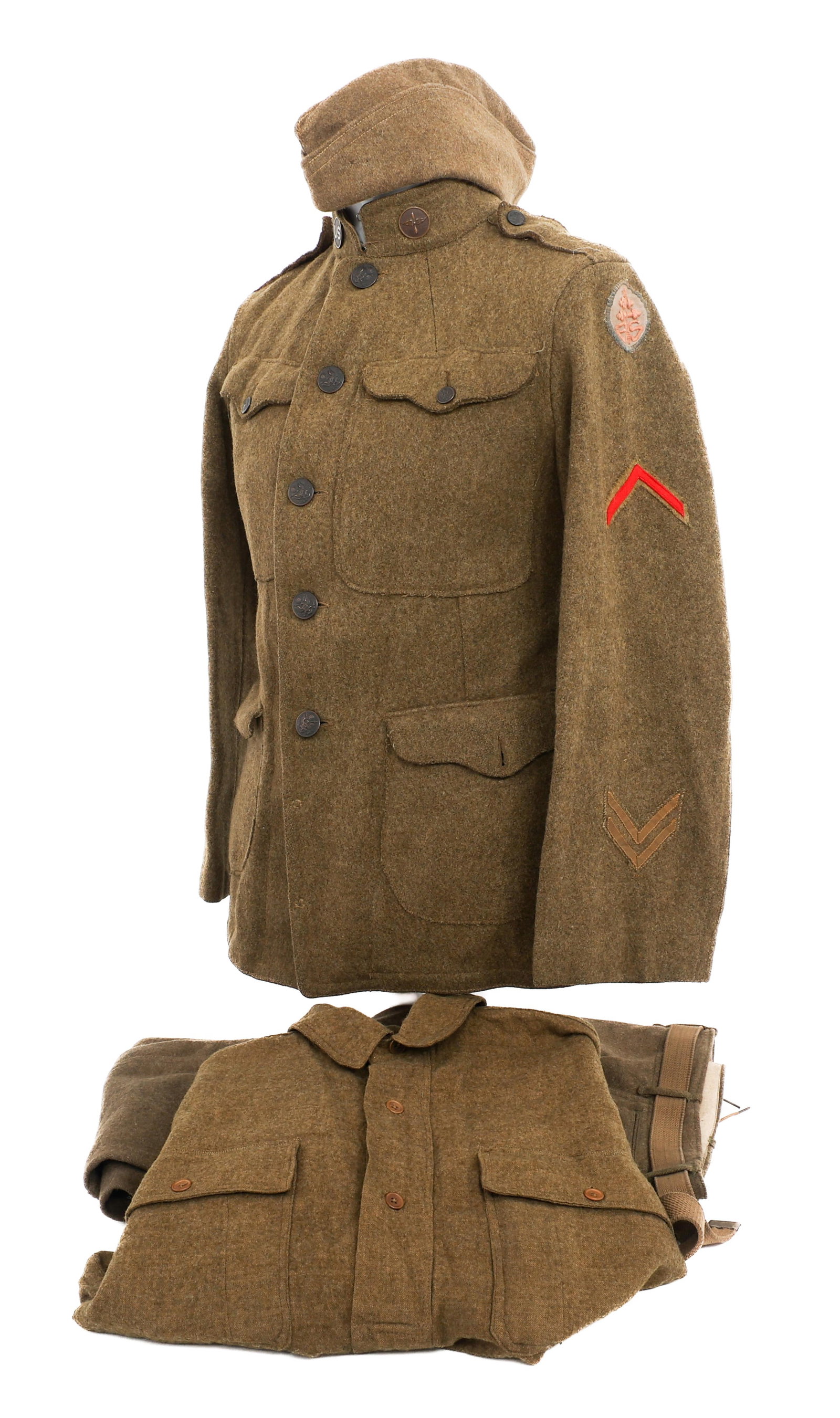 WWI US 485th AERO SQUADRON ATTRIBUTED UNIFORM: WWI US 485th AERO SQUADRON ATTRIBUTED UNIFORM WWI US Air Service 485th Aero Squadron NCO Uniform Set. Attributed to Sergeant Arthur L. Pederson. (1) Rough Cut Wool Service Tunic. Enlisted US Air Servi