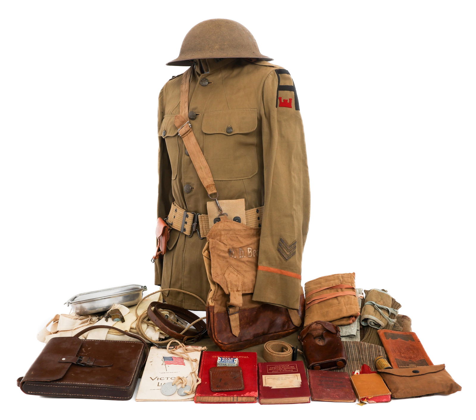 WWI US AEF 1st ARMY COE M1912 OFFICER UNIFORM: WWI US AEF 1st ARMY COE M1912 OFFICER UNIFORM WWI US AEF 1st Army Corps Of Engineer M1912 Officer Uniform and Gear. (1) 1st Army M1912 Uniform. Summer cotton tunic with 1st Army COE shoulder patch, se