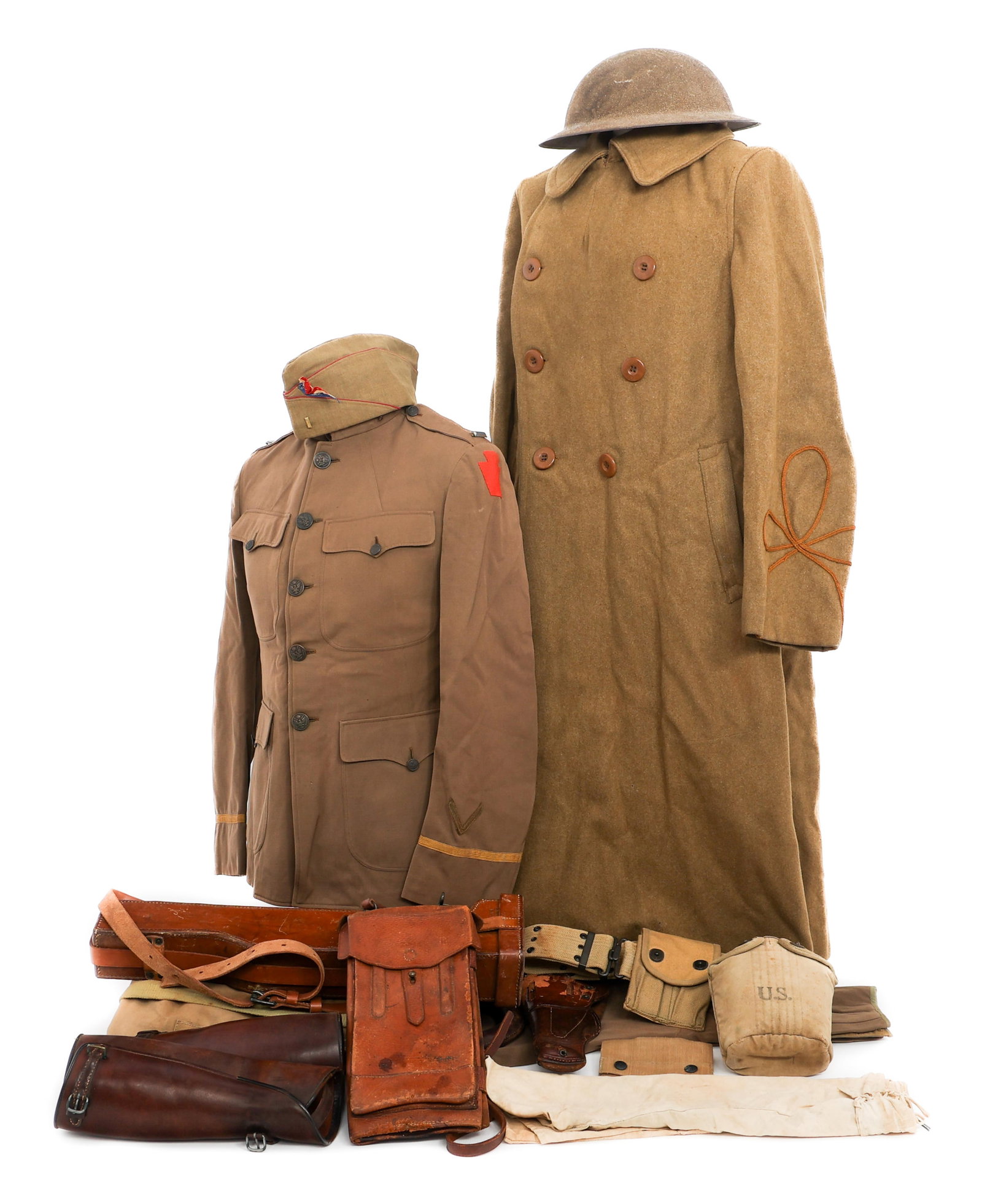 WWI US AEF 28th DIV ARTILLERY OFFICER UNIFORM SET: WWI US AEF 28th DIV ARTILLERY OFFICER UNIFORM SET WWI US AEF 28th Division Artillery Officer Uniform Set and Field Gear. (1) M1912 Uniform. Brown, private purchase tunic with 28th Division shoulder pa