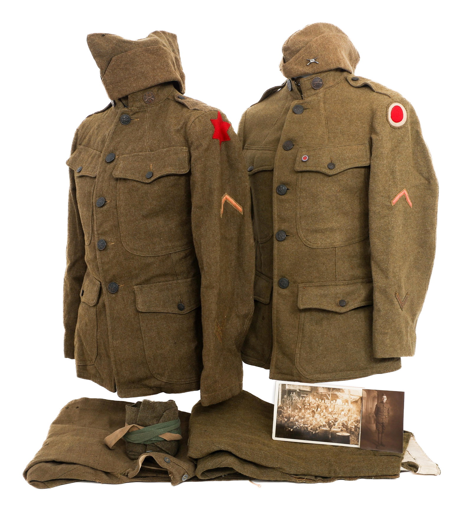 WWI US AEF 6th & 37th DIVISION EM/NCO UNIFORM SETS: WWI US AEF 6th & 37th DIVISION EM/NCO UNIFORM SETS WWI US AEF 6th & 37th Division Enlisted/NCO Uniform Sets. (1) 6th Division Uniform. M1917 OD Wool Service Tunic with 6th Division shoulder patch, Cor