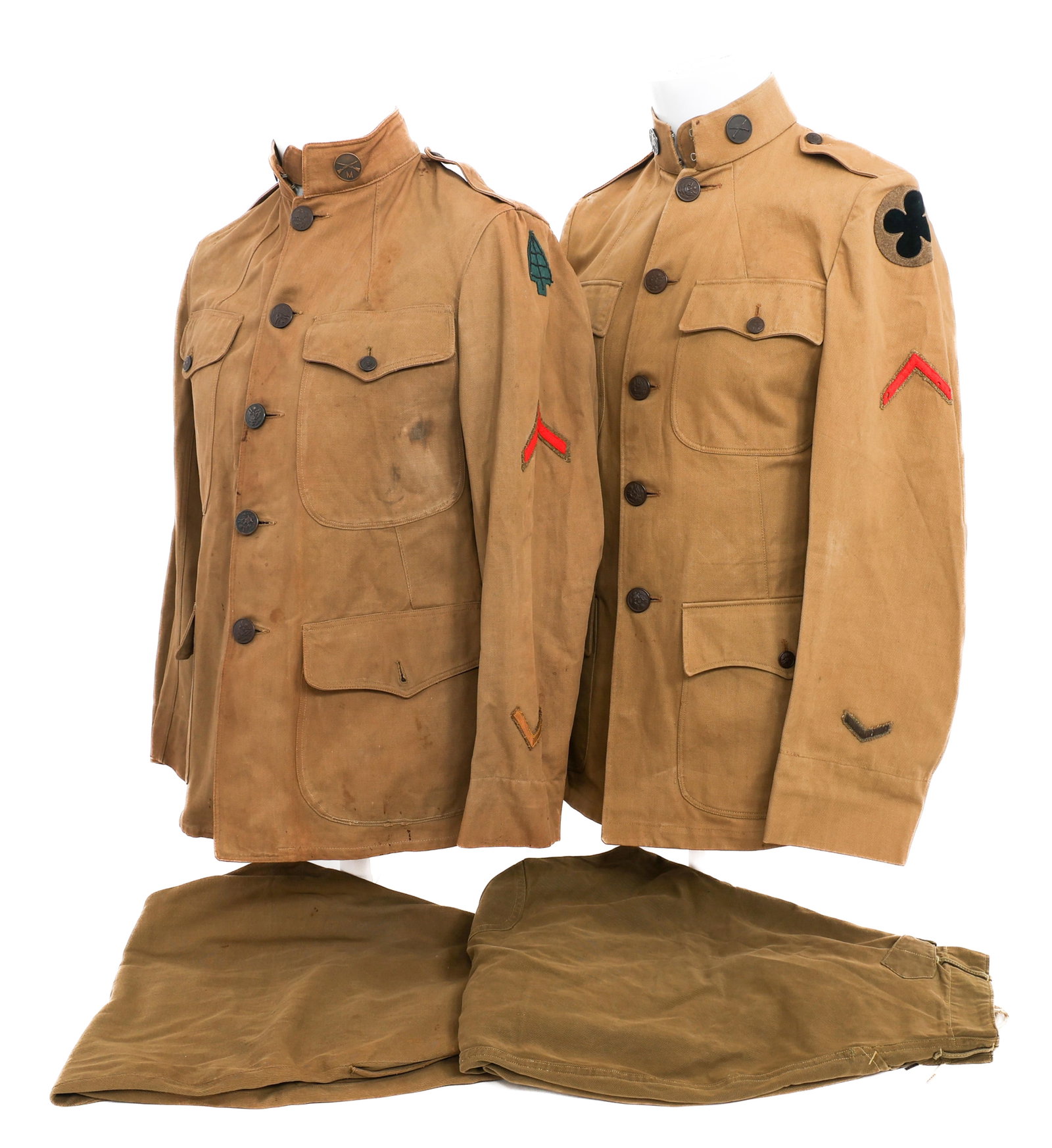 WWI US AEF 88th & 91st DIVISION ENLISTED UNIFORMS: WWI US AEF 88th & 91st DIVISION ENLISTED UNIFORMS WWI US AEF 88th & 91st Division Enlisted Uniforms. (1) 88th Division Uniform. M1910 Khaki Cotton Summer Tunic. 88th Division shoulder patch, enlisted 