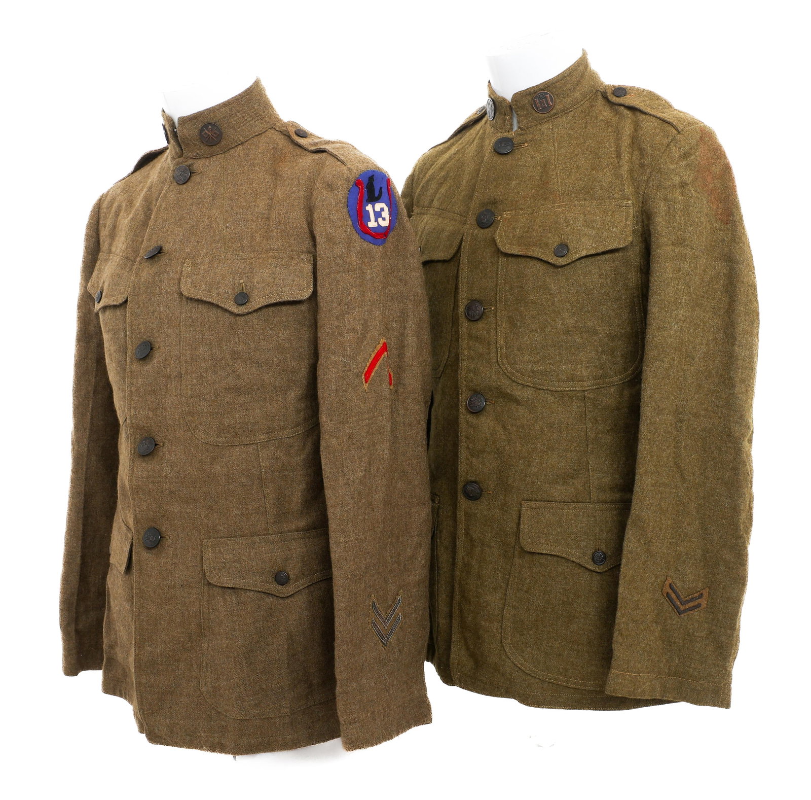 WWI US ARMY 13th DIV & ENGINEER M1917 TUNICS: WWI US ARMY 13th DIV & ENGINEER M1917 TUNICS WWI US Army 13th Division and Engineer Corps M1917 Enlisted Tunics. (1) 13th Division M1917. OD wool tunic with 13th Division shoulder patch, discharge and