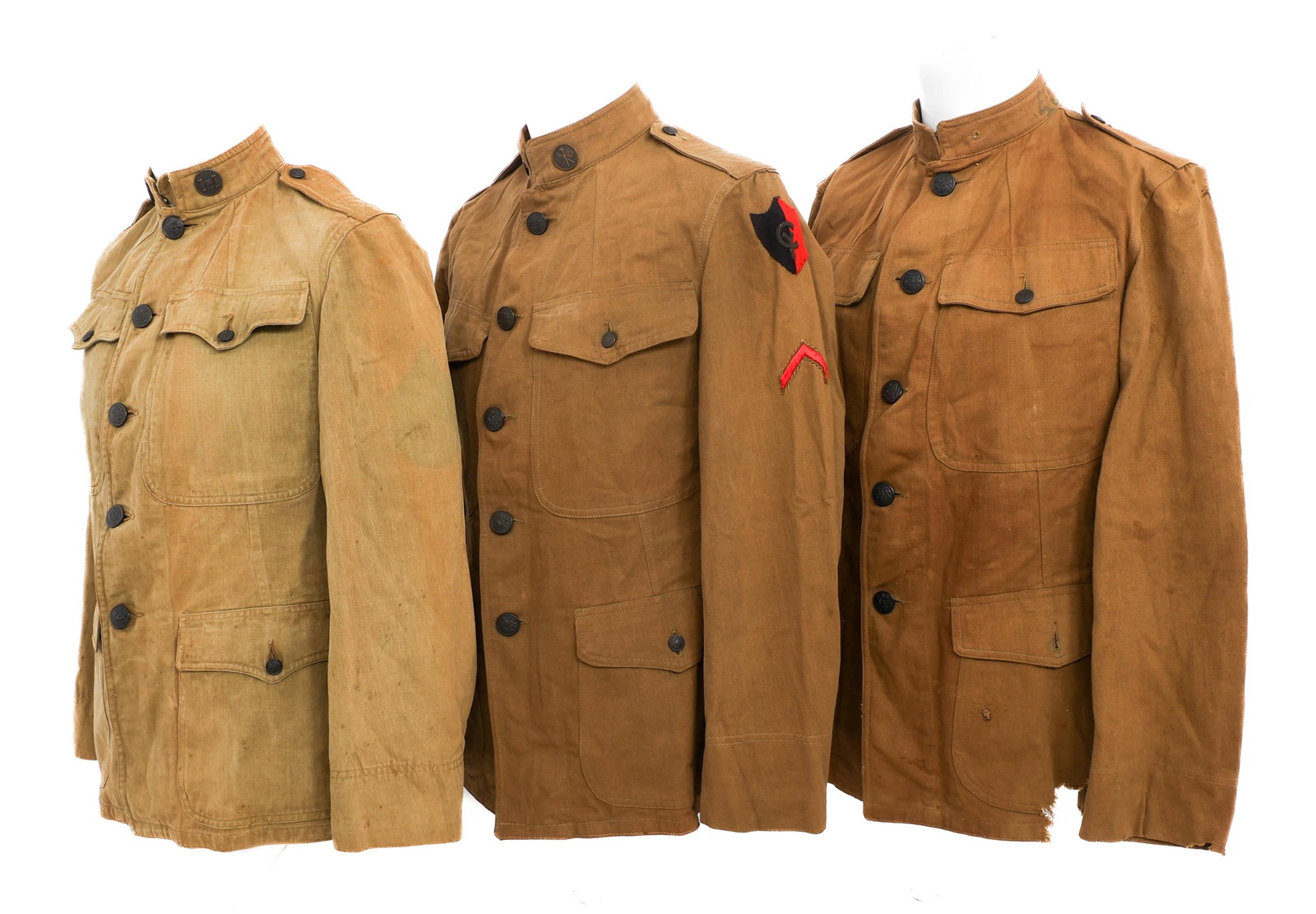 WWI US ARMY M1910 COTTON SUMMER TUNICS: WWI US ARMY M1910 COTTON SUMMER TUNICS WWI US Army M1910 Cotton Summer Tunics. (1) 38th Division Transportation Police M1910 Tunic. Bullion 38th Division shoulder patch, Transportation Police armband,
