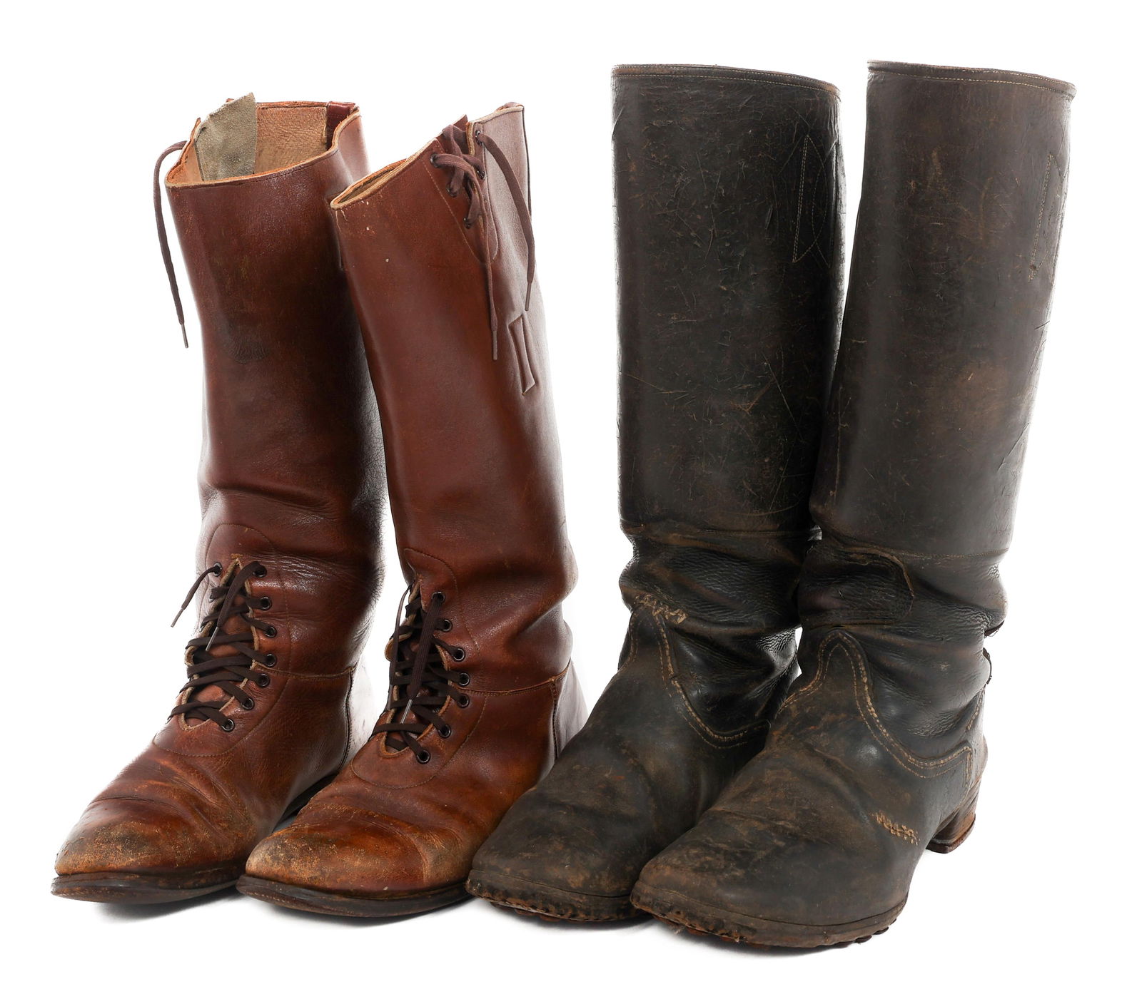 WWI - WWII US CAVALRY & GERMAN HOBNAIL BOOTS: WWI - WWII US CAVALRY & GERMAN HOBNAIL BOOTS WWI - WWII US Army Cavalry Riding and German Hobnail Officer Boots. (1) WWI US Cavalry Riding Boots. Brown leather construction. No visible marks. Sole siz