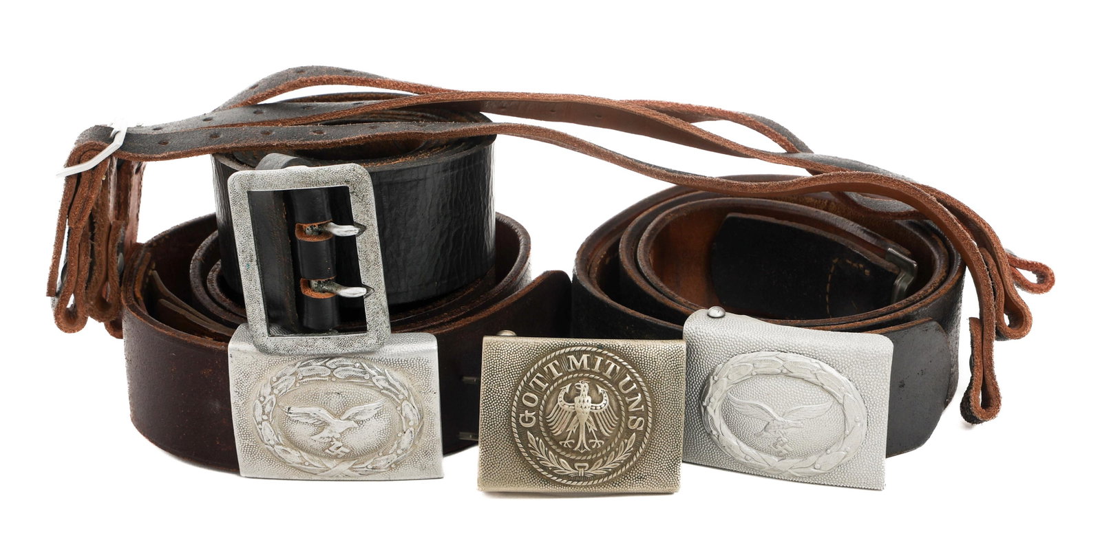 WWII GERMAN LUFTWAFFE & HEER DRESS & FIELD BELTS: WWII GERMAN LUFTWAFFE & HEER DRESS & FIELD BELTS WWII German Luftwaffe and Heer Officer and NCO Belts. (1) Luftwaffe Officer Field Belt. "120" stamped on the tab.(2) Luftwaffe Dress NCO Belts. One mak