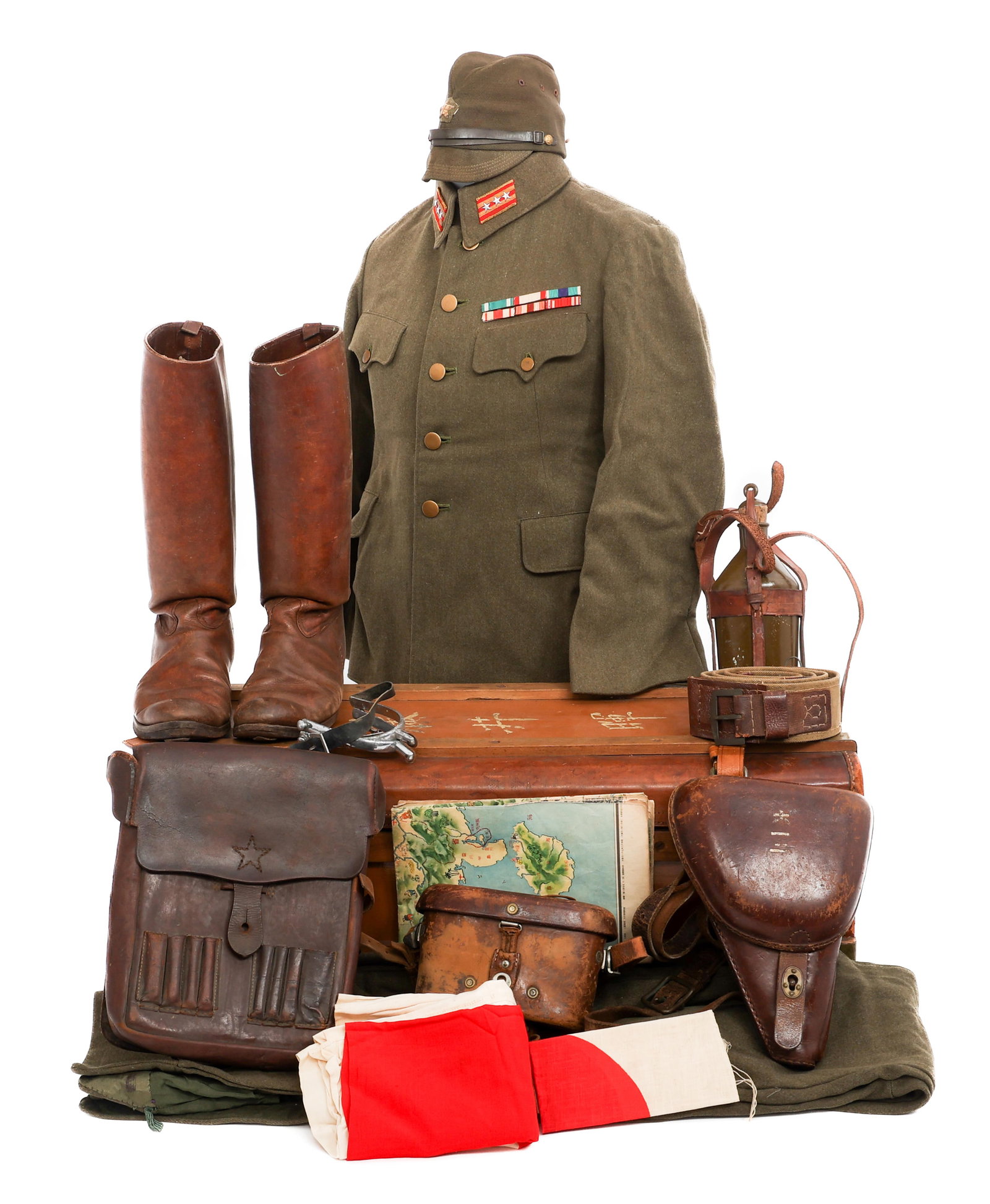 WWII IMPERIAL JAPANESE OFFICER UNIFORM & TRUNK: WWII IMPERIAL JAPANESE OFFICER UNIFORM & TRUNK WWII Imperial Japanese Army Officer Uniform & Trunk Grouping. (1) Officer Service Tunic. OD Wool construction with Captain's collar tabs, ribbon bars, an