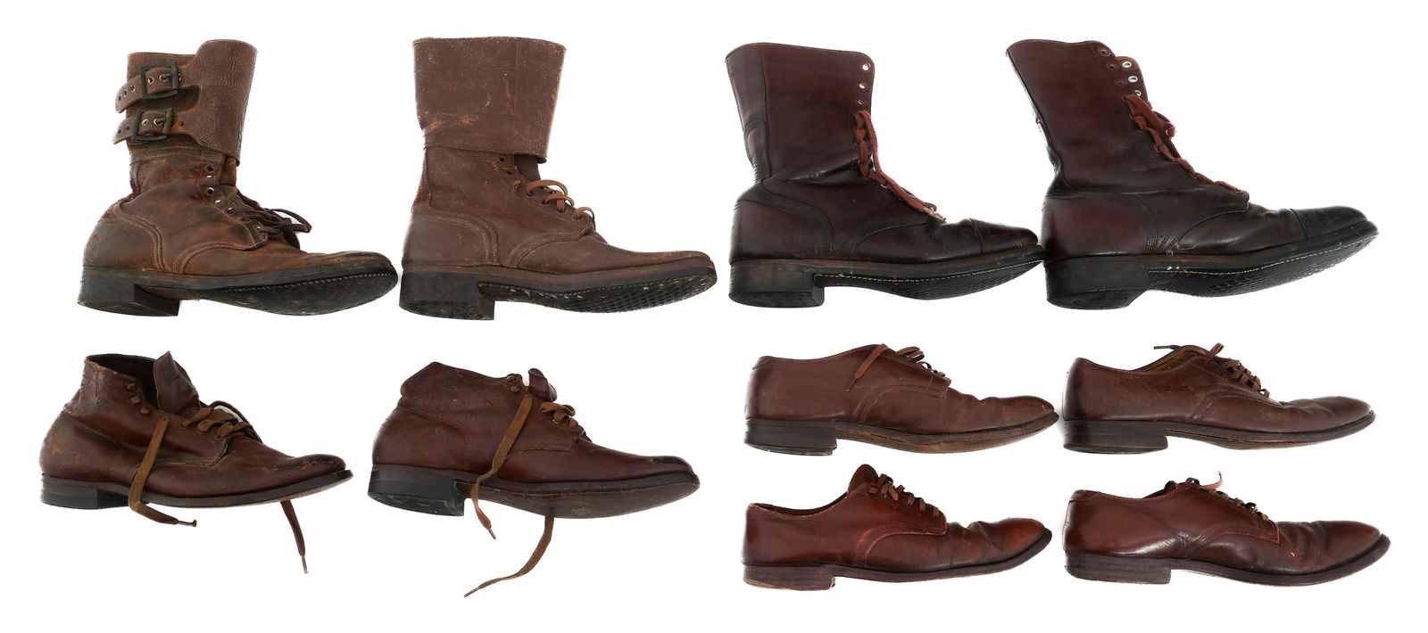 WWII US JUMP, DOUBLE BUCKLE BOOTS & SERVICE SHOES: WWII US JUMP, DOUBLE BUCKLE BOOTS & SERVICE SHOES WWII US Jump Boots, Double Buckle Boots, and Service Shoes. (1) Pair Jump Boots. "RD Wade US55416414" written on the inside. (1) Mismatched pair of do