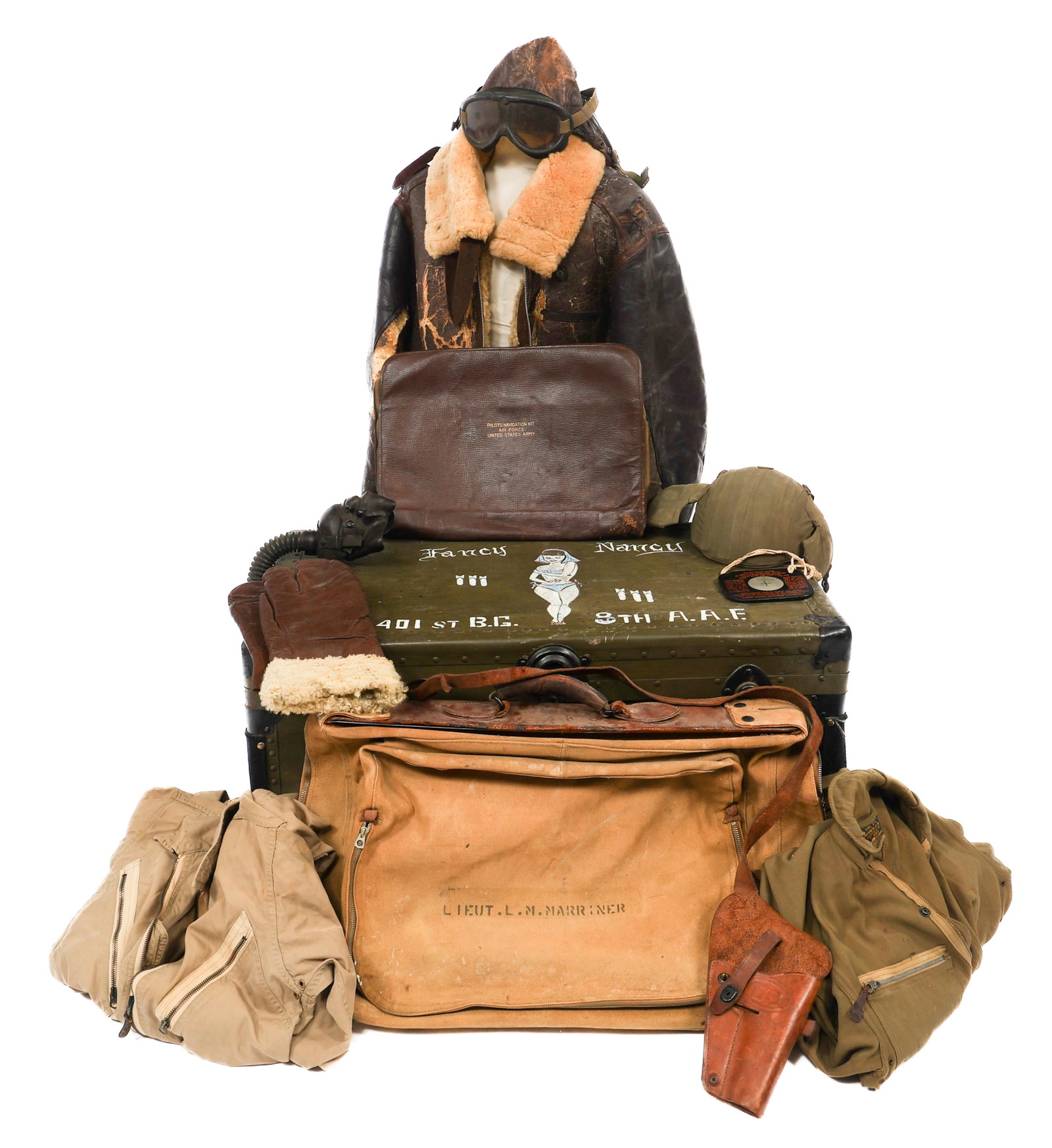 WWII US 8th AF, 401st BG FLIGHT GEAR GROUPING: WWII US 8th AF, 401st BG FLIGHT GEAR GROUPING WWII USAAF 8th Air Force, 401st Bomb Group Flight Gear Grouping. Attributed to Lieutenant L.M. Marriner. Includes M4A2 Bomber Crew Flak Helmet, Type B-3 L