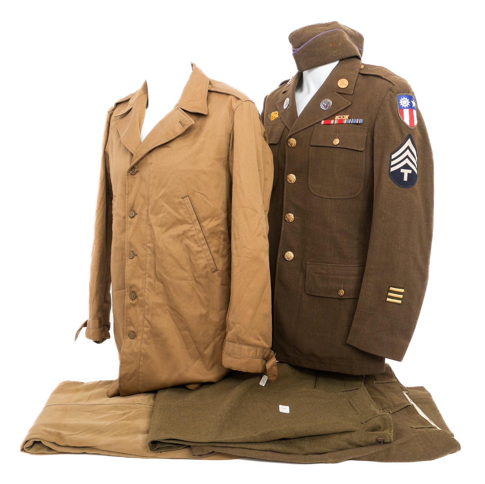 WWII USAAF CBI TECH SERGEANT UNIFORM GROUPING: WWII USAAF CBI TECH SERGEANT UNIFORM GROUPING WWII USAAF CBI Technical Sergeant Named Uniform Grouping. Named to Bernard G. Friedl, 037672376. (1) OD Arctic Field Jacket. Wool lining. Tags present. Si