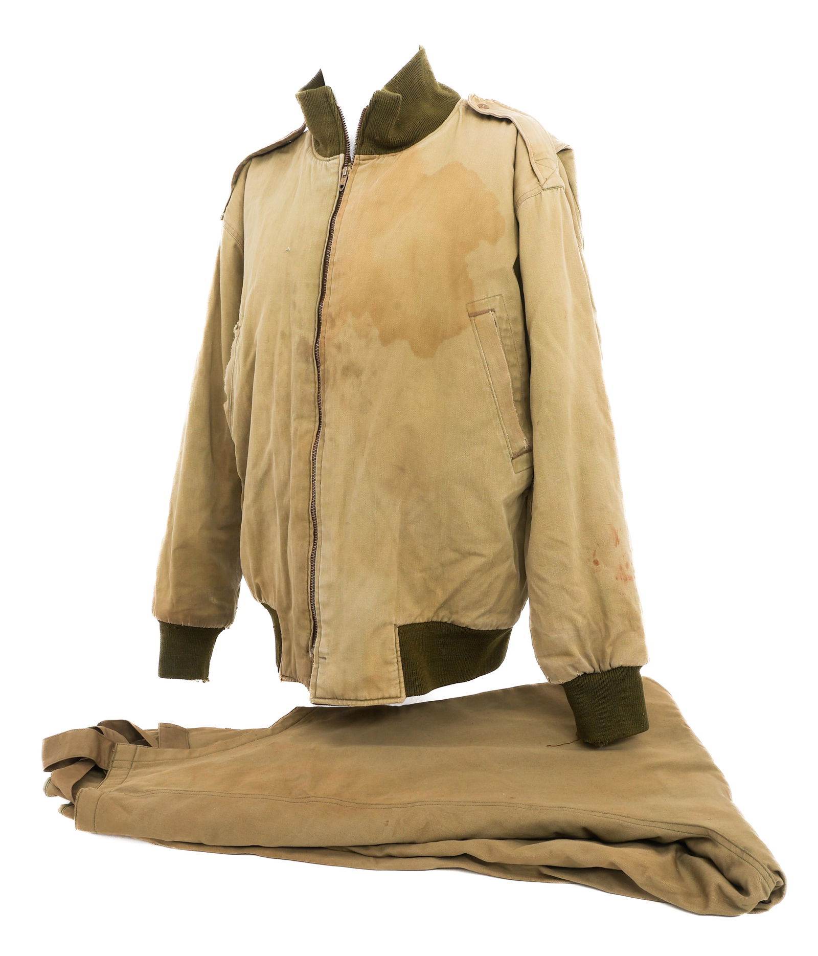 WWII US ARMY OFFICER TANKER JACKET & OVERALL BIBS: WWII US ARMY OFFICER TANKER JACKET & OVERALL BIBS WWII US Army Officer Tanker Jacket and Coverall Bibs. (1) Winter Combat Tanker Jacket. Khaki, field modified with blanket wool liner. OD elastic knit