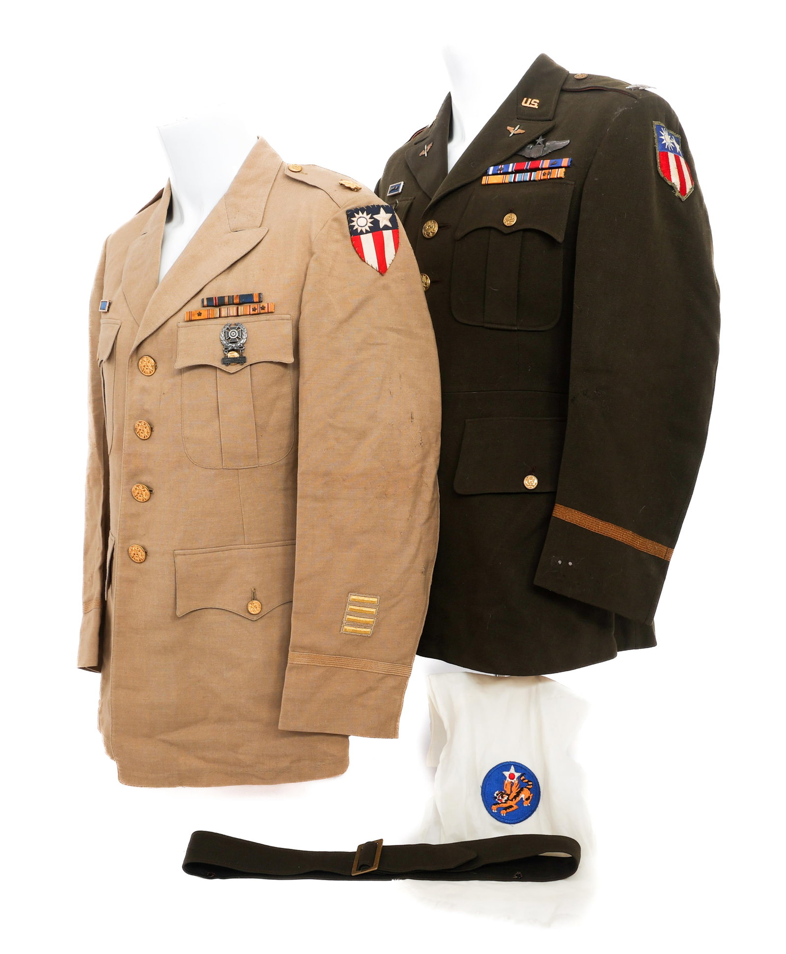 WWII USAAF CBI 14th AIR FORCE OFFICER TUNICS: WWII USAAF CBI 14th AIR FORCE OFFICER TUNICS WWII USAAF CBI 14th Air Force Officer Tunics. (1) Tunic. OD fine wool tunic with CBI and 14th AF shoulder patches, Colonel rank, ribbon bar, 3" US Senior P