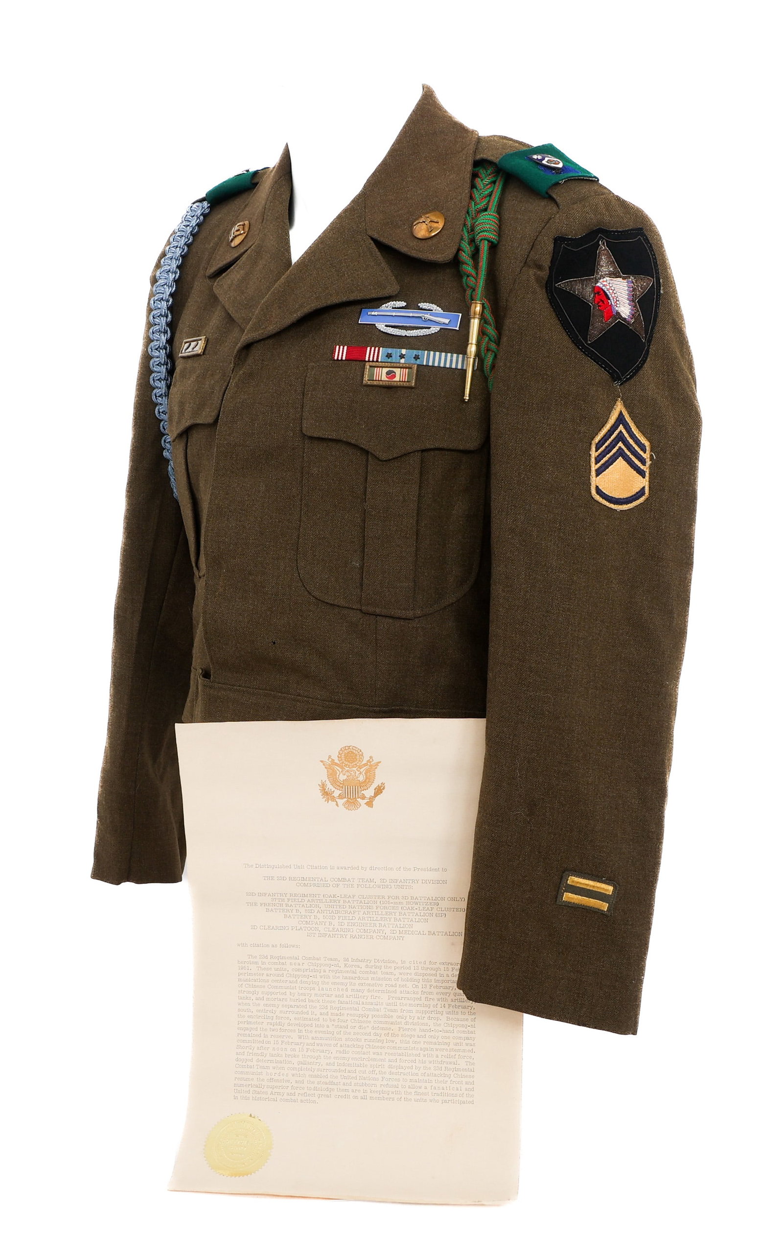 KOREAN WAR 2nd INFANTRY DIVISION IKE JACKET: KOREAN WAR 2nd INFANTRY DIVISION IKE JACKET Korean War US Army 2nd Infantry Division Ike Jacket and Distinguished Unit Certificate. (1) Ike Jacket. OD serge wool jacket with bullion and felt 2nd Infan