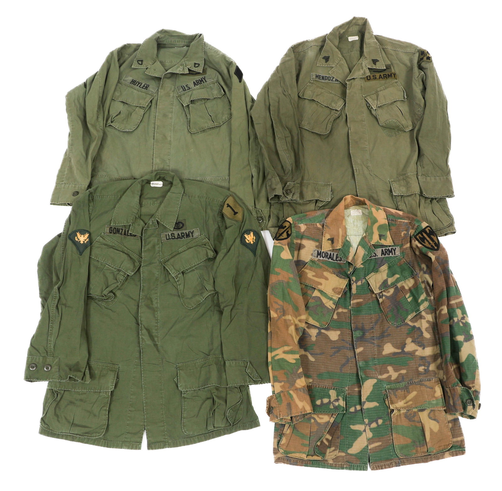 VIETNAM WAR US ARMY 3rd MODEL JUNGLE JACKETS: VIETNAM WAR US ARMY 3rd MODEL JUNGLE JACKETS Vietnam War US Army ERDL and OG-107 3rd Model Jungle Jackets. (1) ERDL. Class two Ripstop poplin. Covered buttons. 18th MP Brigade and MACV shoulder patche