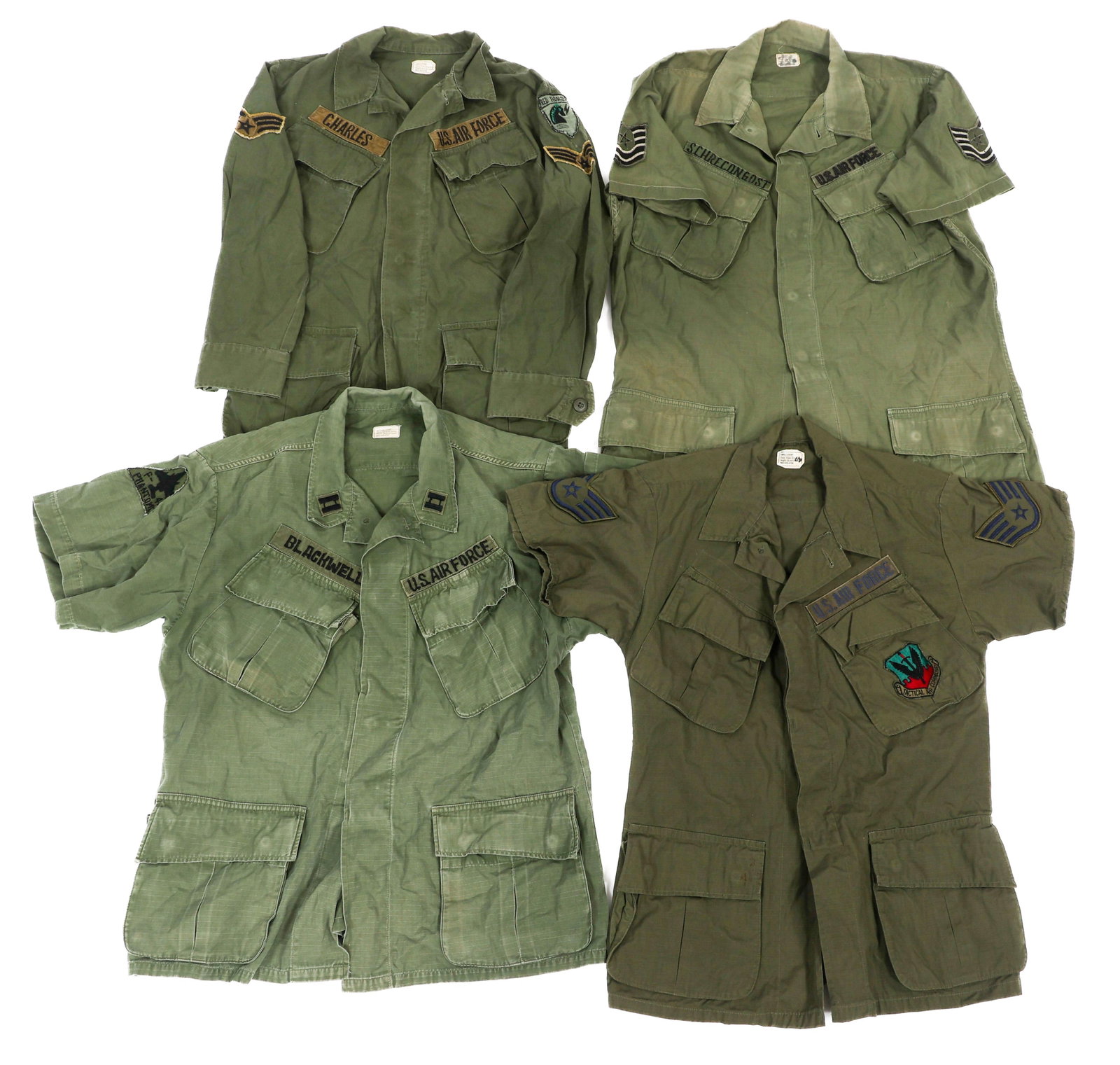 VIETNAM WAR US AIR FORCE 3rd MODEL JUNGLE JACKETS: VIETNAM WAR US AIR FORCE 3rd MODEL JUNGLE JACKETS Four Vietnam War US Air Force 3rd Model Jungle Jackets. Three jackets have altered sleeves. OG-107 poplin construction. Tags present. Tactical Air Com