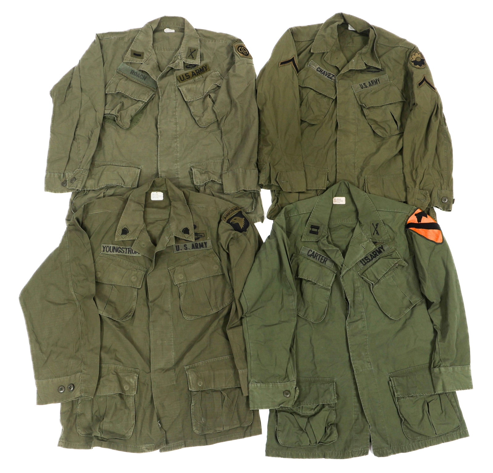 VIETNAM WAR US ARMY 3rd MODEL JUNGLE JACKETS: VIETNAM WAR US ARMY 3rd MODEL JUNGLE JACKETS Four Vietnam War US Army 3rd Model Jungle Jackets. OG-107 poplin construction. Tags present. 1st Cavalry, 9th Infantry, 82nd and 101st Airborne Division sh