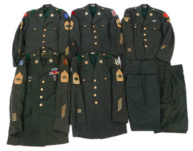 VIETNAM WAR US ARMY NCO SERVICE UNIFORMS: VIETNAM WAR US ARMY NCO SERVICE UNIFORMS Vietnam War US Army NCO Service Uniforms. (5) NCO Service Tunics. Various units, ranks, and insignia. Size: 37R - 40XL. (3) Pairs of Army Green Service Trouser