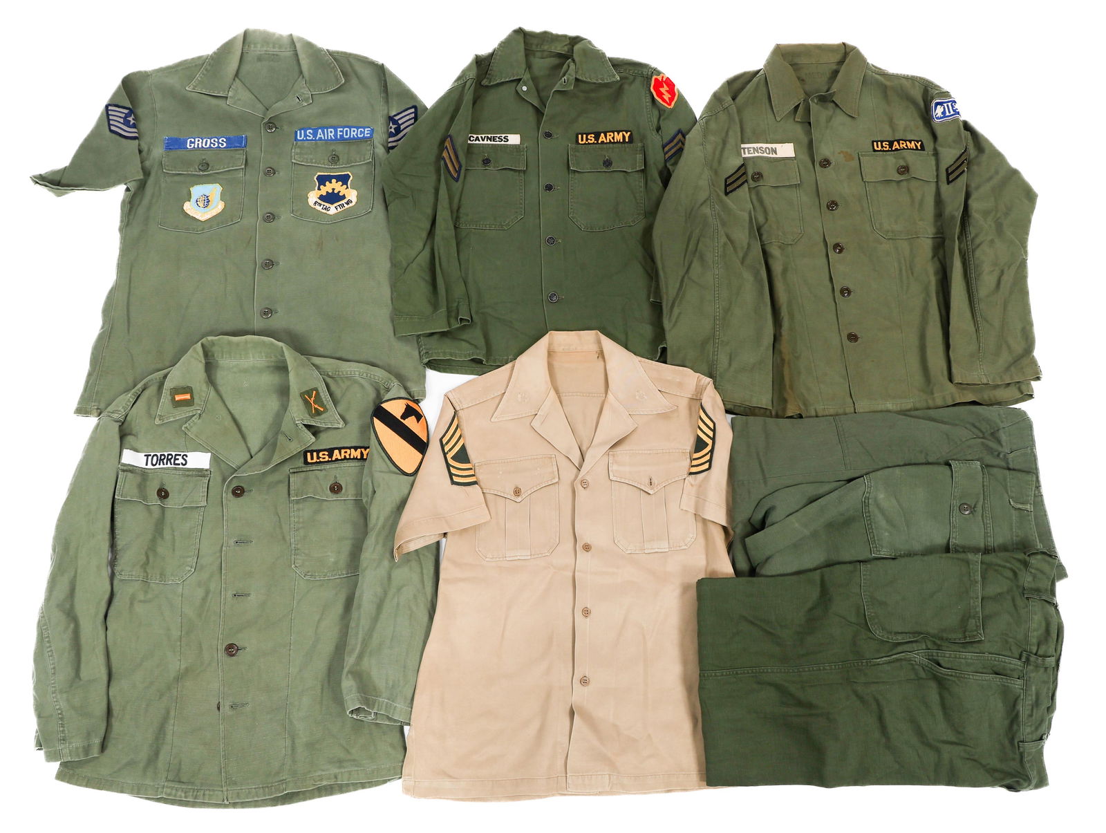 VIETNAM WAR US ARMY & AIR FORCE UNIFORM ITEMS: VIETNAM WAR US ARMY & AIR FORCE UNIFORM ITEMS Vietnam War US Army & Air Force Uniform Items. Includes Officer & NCO OG-107 Utility Shirts, NCO khaki cotton short sleeve shirt, and OG-107 trousers. Siz
