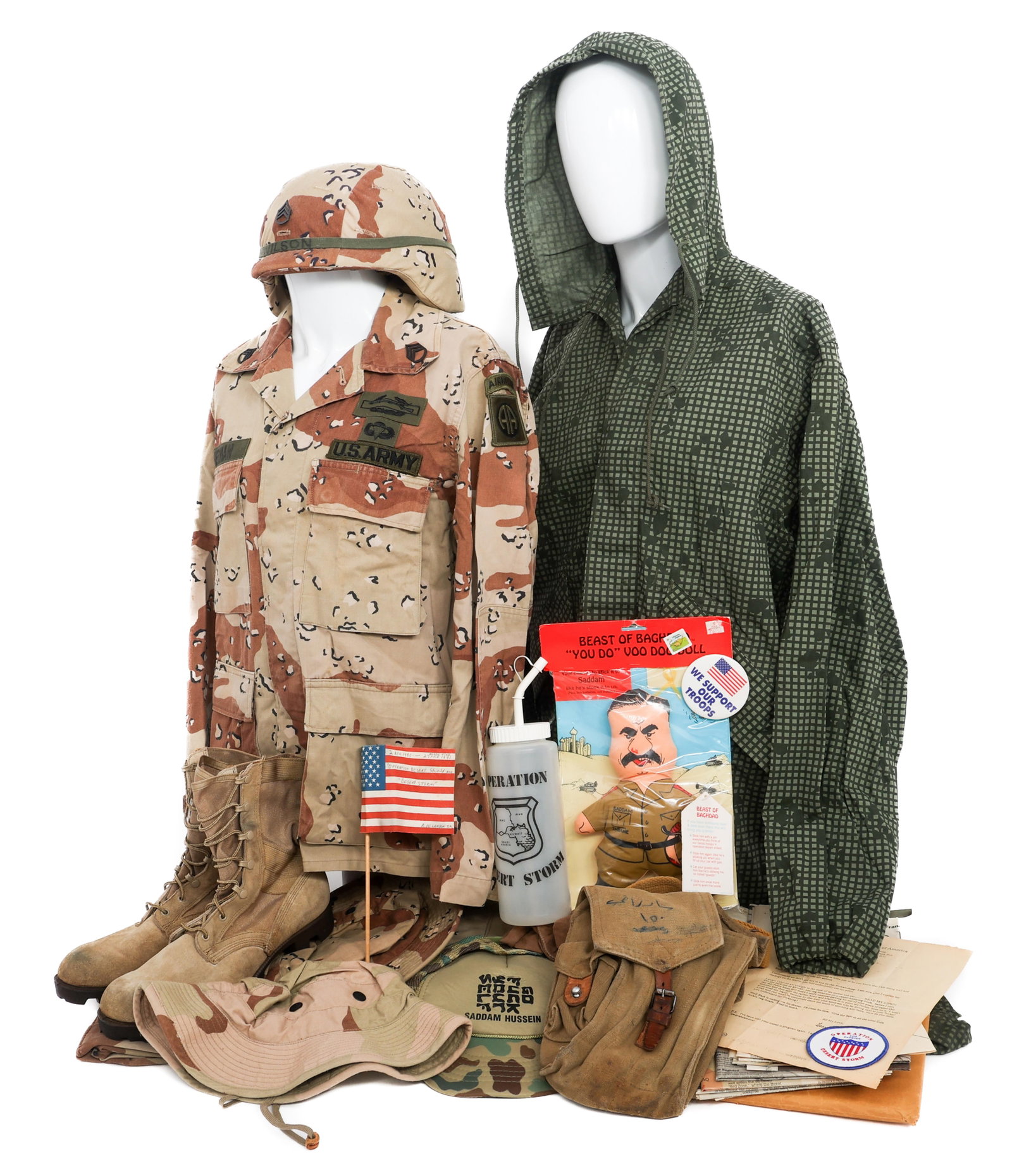 GULF WAR US PASGT HELMET & UNIFORM GROUPING: GULF WAR US PASGT HELMET & UNIFORM GROUPING Gulf War US Armed Forces PASGT Helmet & Uniform Grouping. Includes PASGT Helmet with chocolate chip camo cover, elastic band, staff sergeant rank pin, chins