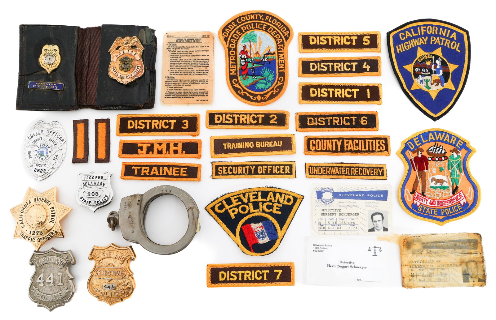 OBSOLETE CLEVELAND POLICE & US BADGES & PATCHES: OBSOLETE CLEVELAND POLICE & US BADGES & PATCHES Obsolete Cleveland Police Detective Grouping and US Police Badges and Patches. (1) Cleveland, OH PD Grouping. Named to Detective Herbert Schuerger, No.4