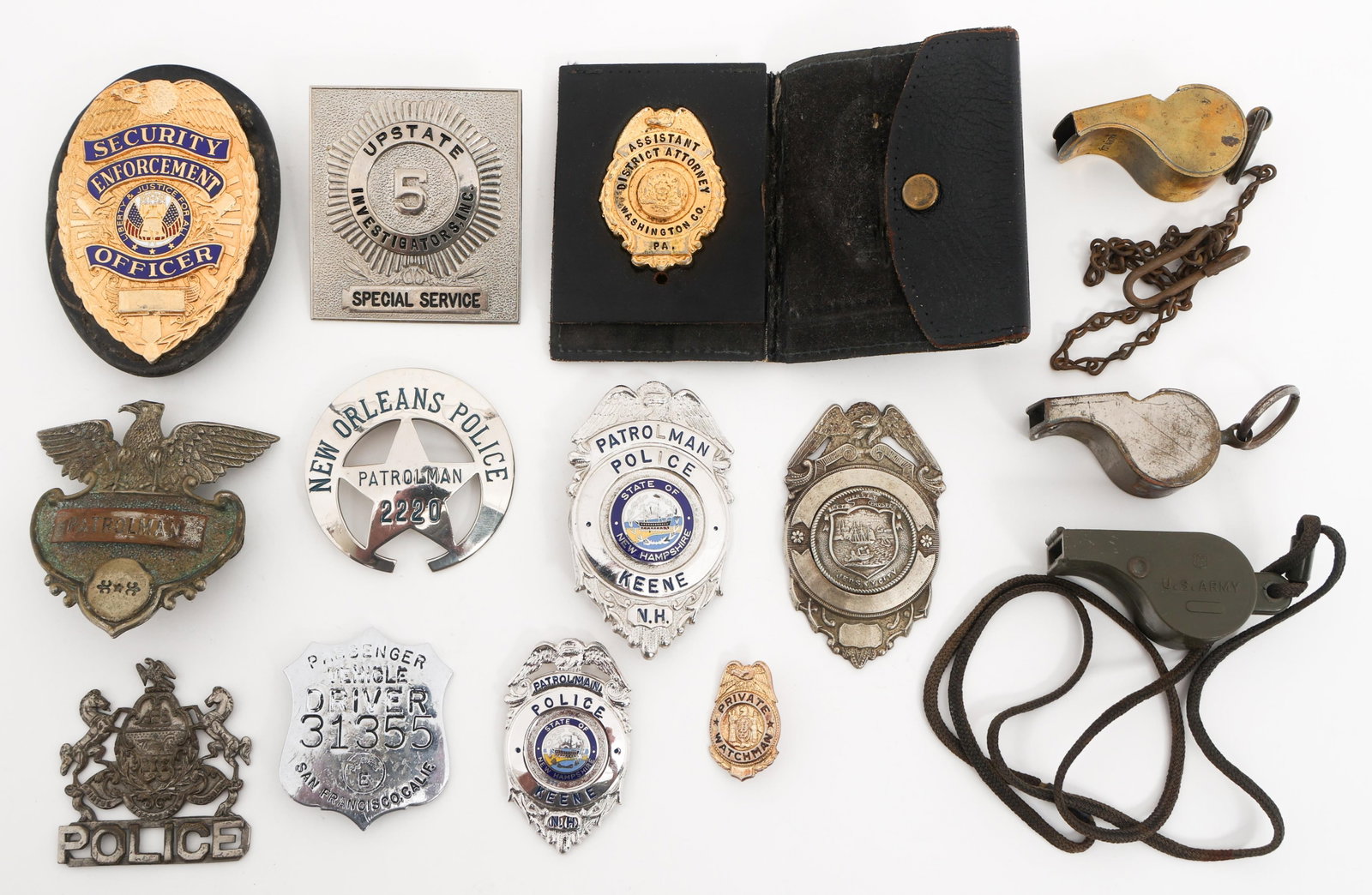 OBSOLETE US POLICE BADGES & WHISTLES: OBSOLETE US POLICE BADGES & WHISTLES Obsolete US Police Badges & Whistles. Includes New Orleans Patrolman, Keene New Hampshire badges, Washington DC Assistant District Attorney, whistles, and more.