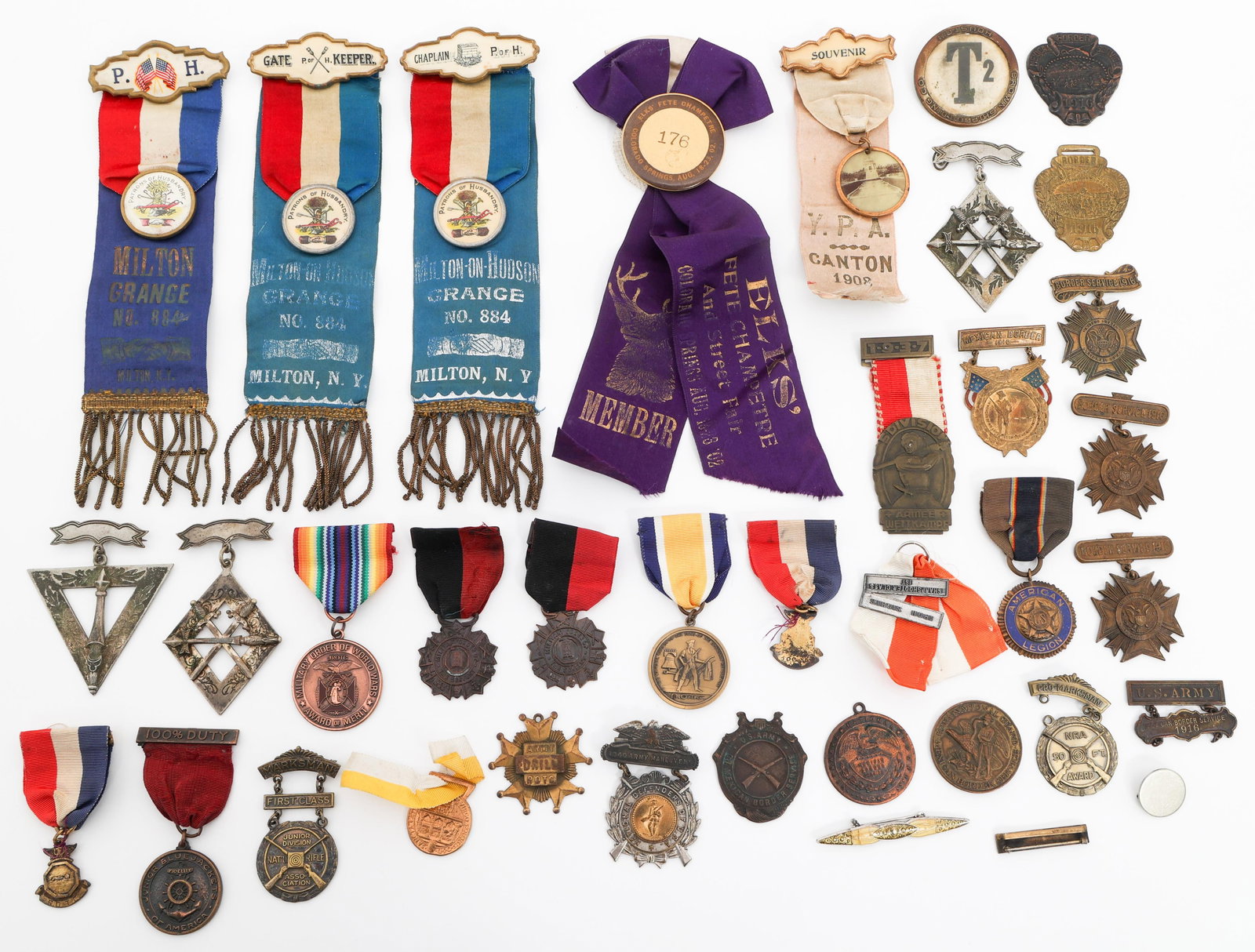 EARLY 20TH C. US FRATERNAL, ARMY & BORDER MEDALS: EARLY 20TH C. US FRATERNAL, ARMY & BORDER MEDALS Early 20th Century - Post WWII US Fraternal Order, Army, ROTC, American Legion, and Mexican Border Service Ribbons, Medals and Badges. And more.
