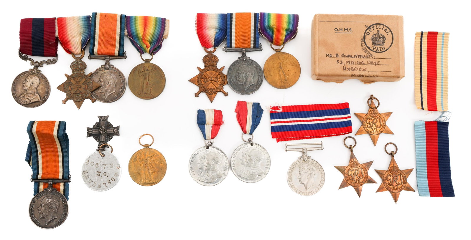 WWI - WWII UK SERVICE, CAMPAIGN & VICTORY MEDALS: WWI - WWII UK SERVICE, CAMPAIGN & VICTORY MEDALS WWI - WWII British Service, Campaign and Victory Medals. Named to to E. G. Henderson, A Sjt. D. Harvey and A. C. Blackaller on some of the rims. Ribbon