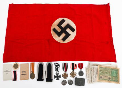 WWI - WWII GERMAN NSDAP FLAG, MEDALS & BANKNOTES: WWI - WWII GERMAN NSDAP FLAG, MEDALS & BANKNOTES WWI - WWII German NSDAP Flag, Medals and Banknotes. (1) NSDAP Flag. Double sided, two-piece cotton construction with printed emblem. No visible marks.