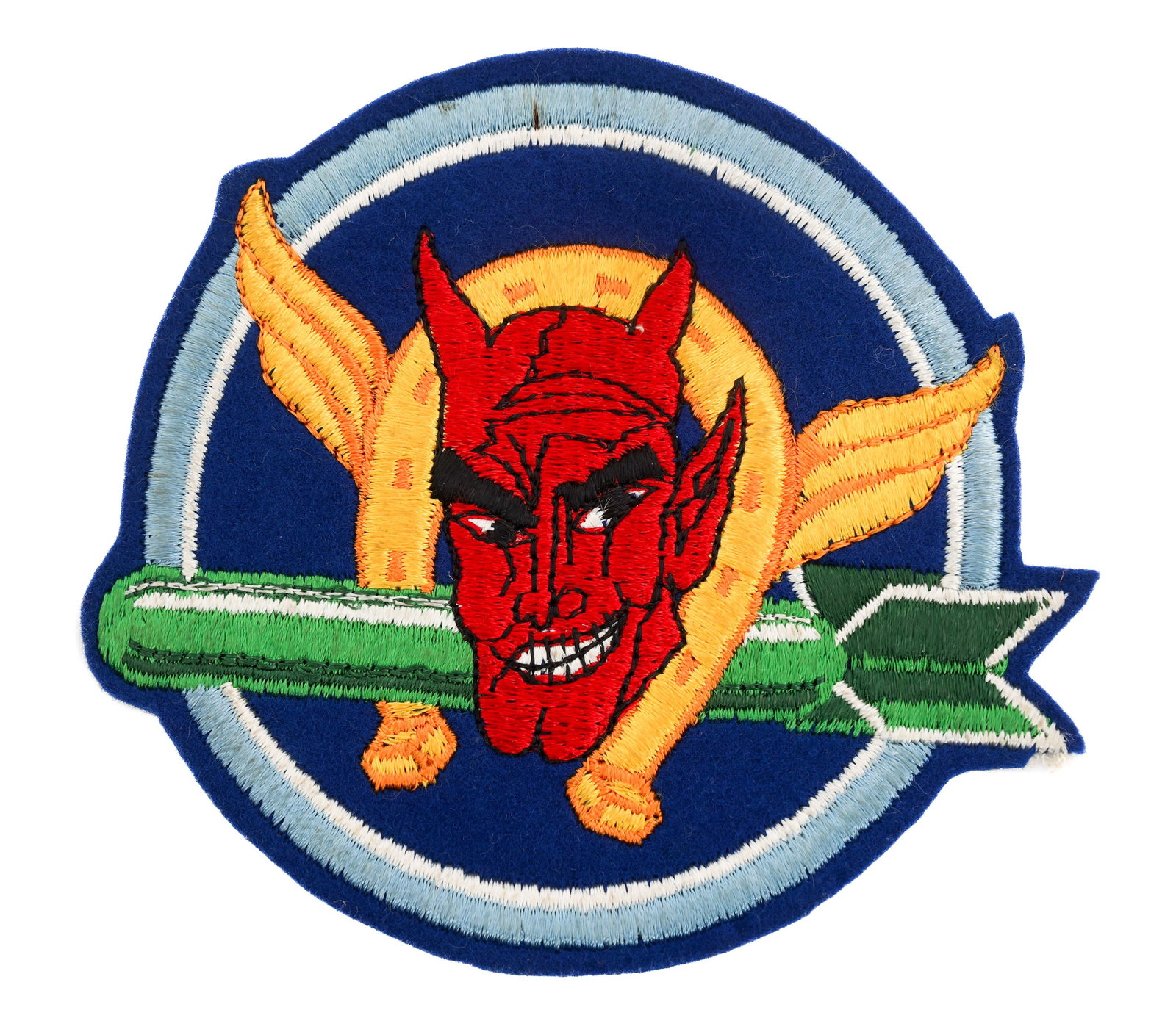 WWII USAAF 610th BS, 401st BG BRITISH MADE PATCH: WWII USAAF 610th BS, 401st BG BRITISH MADE PATCH WWII USAAF 610th Bombardment Squadron, 401st Bomb Group, 8th Air Force Patch. British cotton embroidery on wool. Size: 4 3/4"