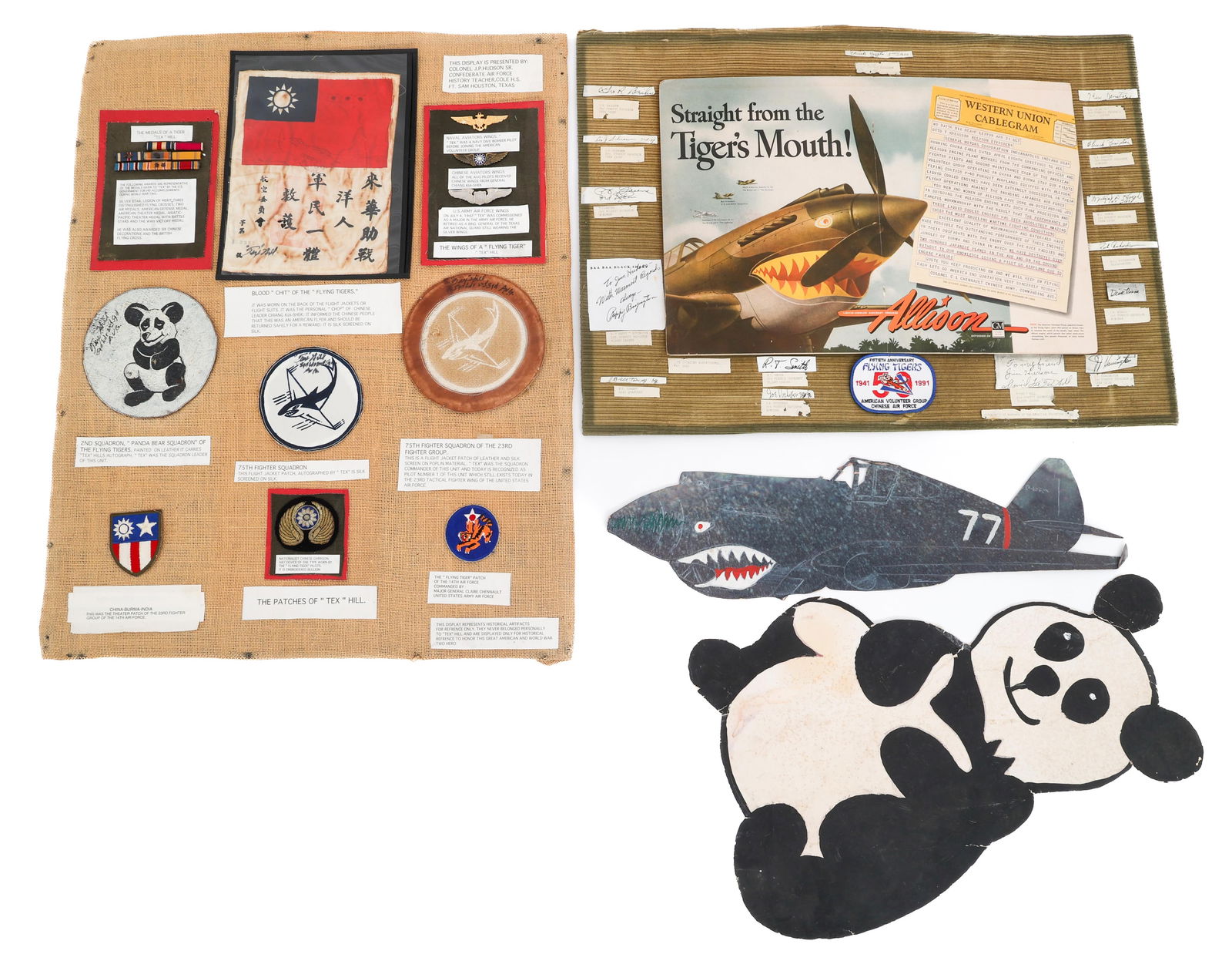 WWII US FLYING TIGER & TEX HILL TRIBUTE DISPLAY: WWII US FLYING TIGER & TEX HILL TRIBUTE DISPLAY WWII US Flying Tiger AVG and David Lee "Tex" Hill Tribute Displays. (1) US Flying Tiger Photocopied Signature Display Board. Includes copies of signatur