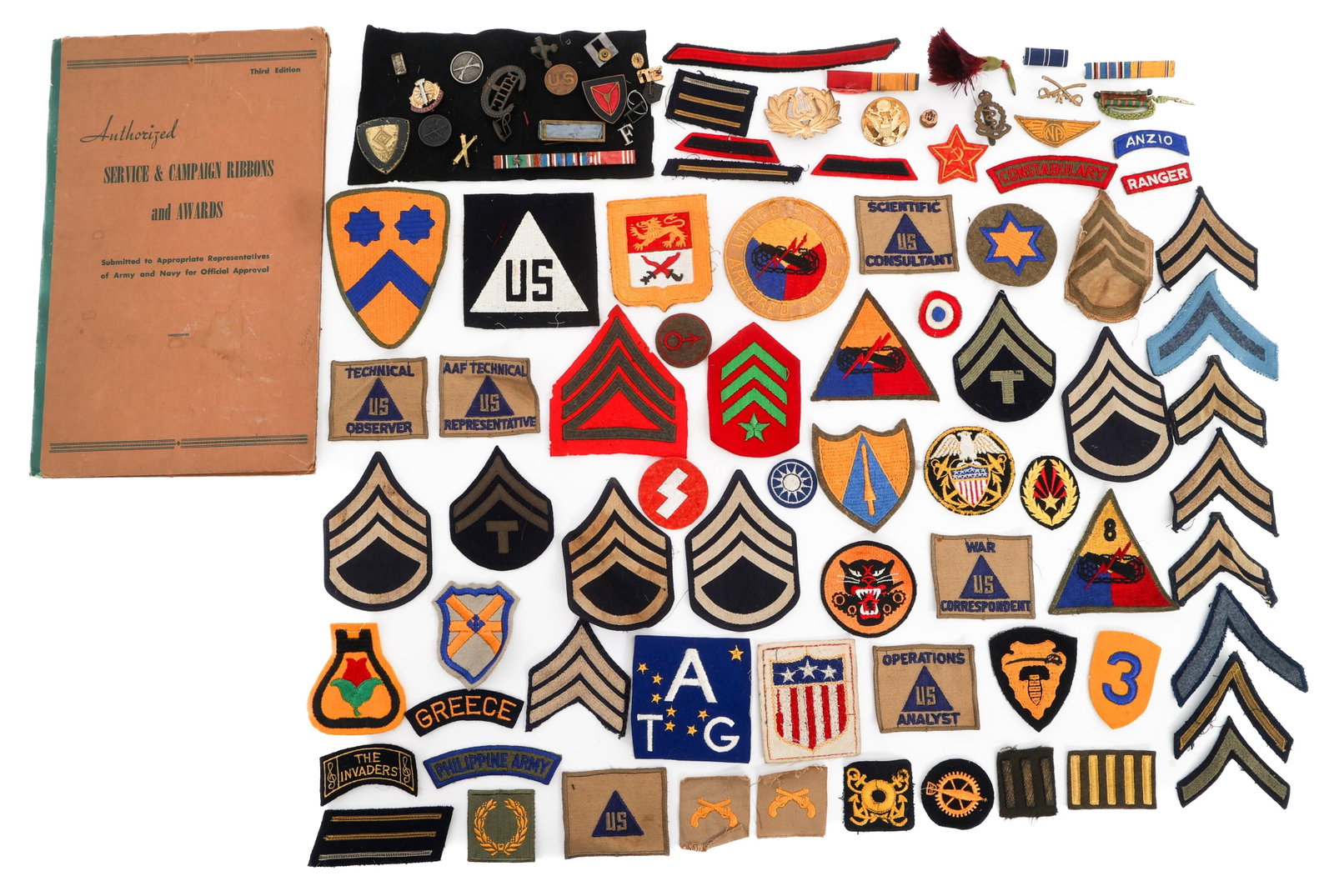 WWII US & WORLD MILITARY PATCHES & RIBBON BOOK: WWII US & WORLD MILITARY PATCHES & RIBBON BOOK WWII US and World Military Patches, Ribbon Book and Insignia. Includes US 8th Armored Division, four wheel variant Tank Destroyer, Cavalry, ranks, Civili