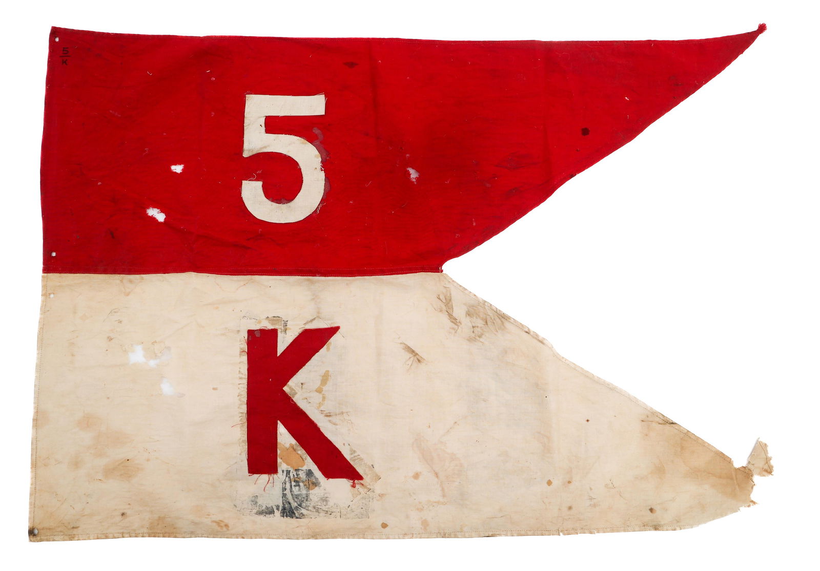 PHILIPPINE-AMERICAN WAR US 5th CAV GUIDON FLAG: PHILIPPINE-AMERICAN WAR US 5th CAV GUIDON FLAG Philippine - American War US 5th Cavalry K Camp Guidon Flag. Multi piece, double sided construction with glued emblems. Size: 22 1/2" x 32 1/2"