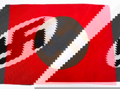 WWII GERMAN NSDAP FLAG: WWII GERMAN NSDAP FLAG WWII German NSDAP Flag. Double sided, multi-piece construction with sewn on white circle and swastika emblem. No visible maker marks or tags. Size: 21 1/2" x 28 1/4"