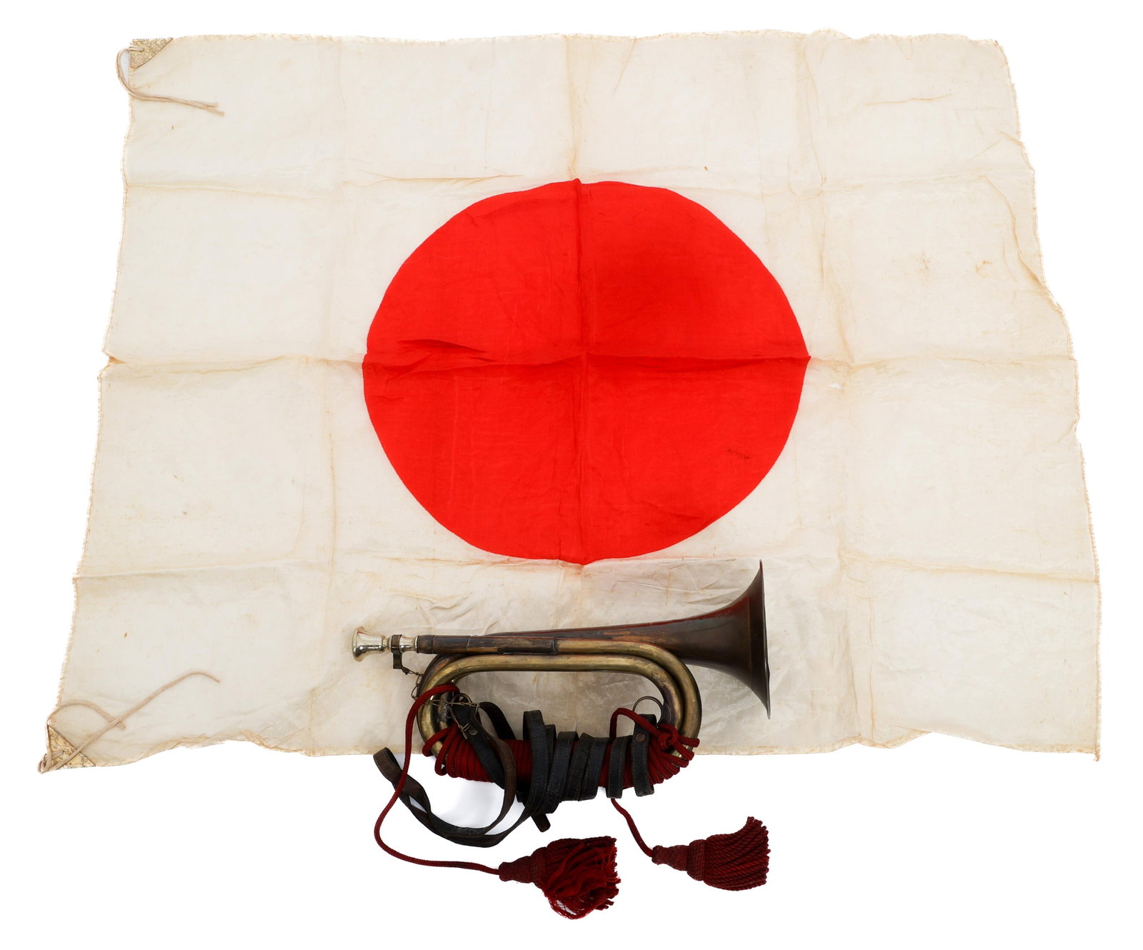 WWII IMPERIAL JAPANESE ARMY BUGLE & NATIONAL FLAG: WWII IMPERIAL JAPANESE ARMY BUGLE & NATIONAL FLAG WWII Imperial Japanese Army Bugle and National Flag. (1) Bugle. Brass construction with alloy based removable mouthpiece. Includes leather strap and r